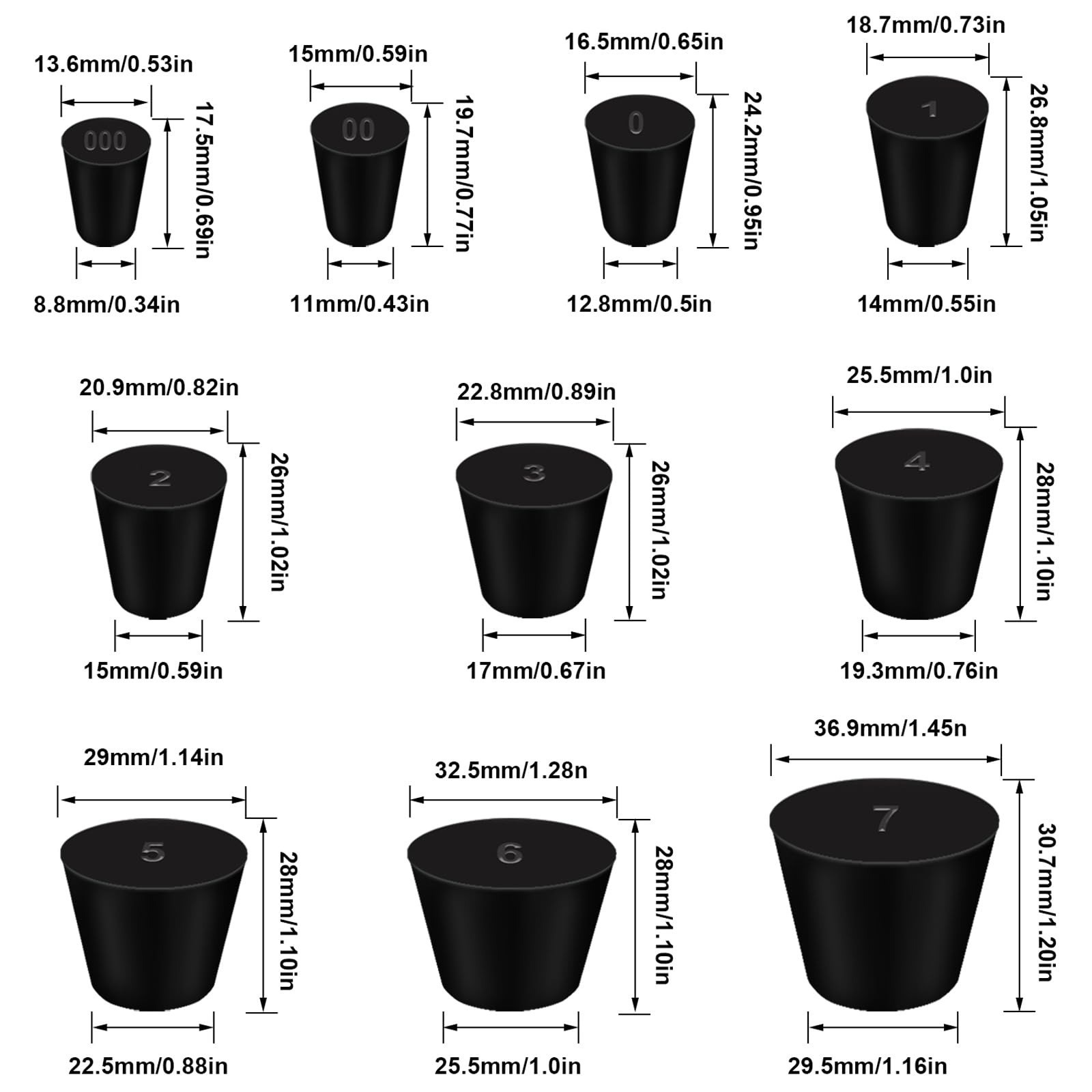 25Pcs Black Rubber Stoppers Assorted Sizes for Lab Use