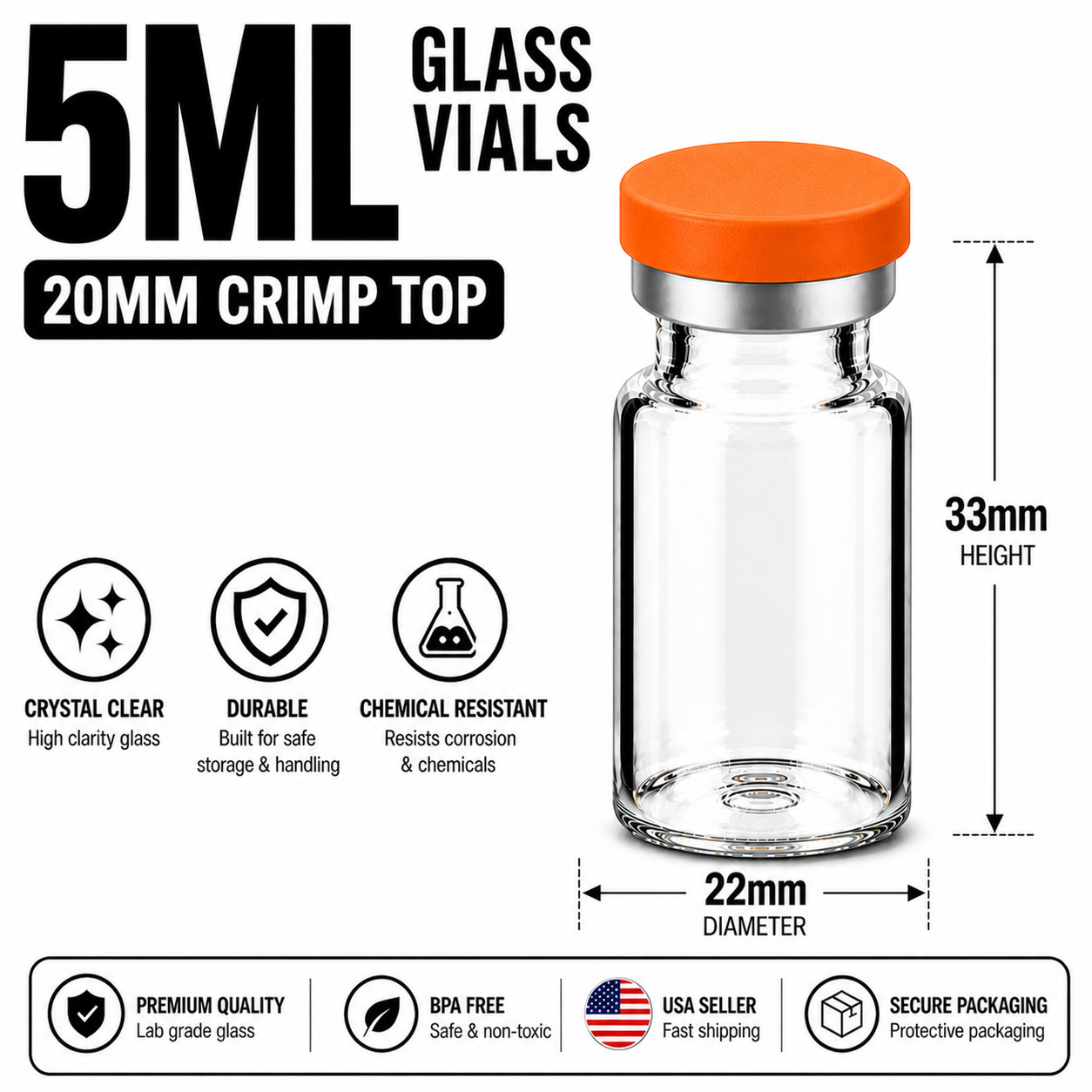 5ml Glass Vials 20mm Crimp Top w/ Rubber Plugs & Flip Off Caps Serum Lab Vials