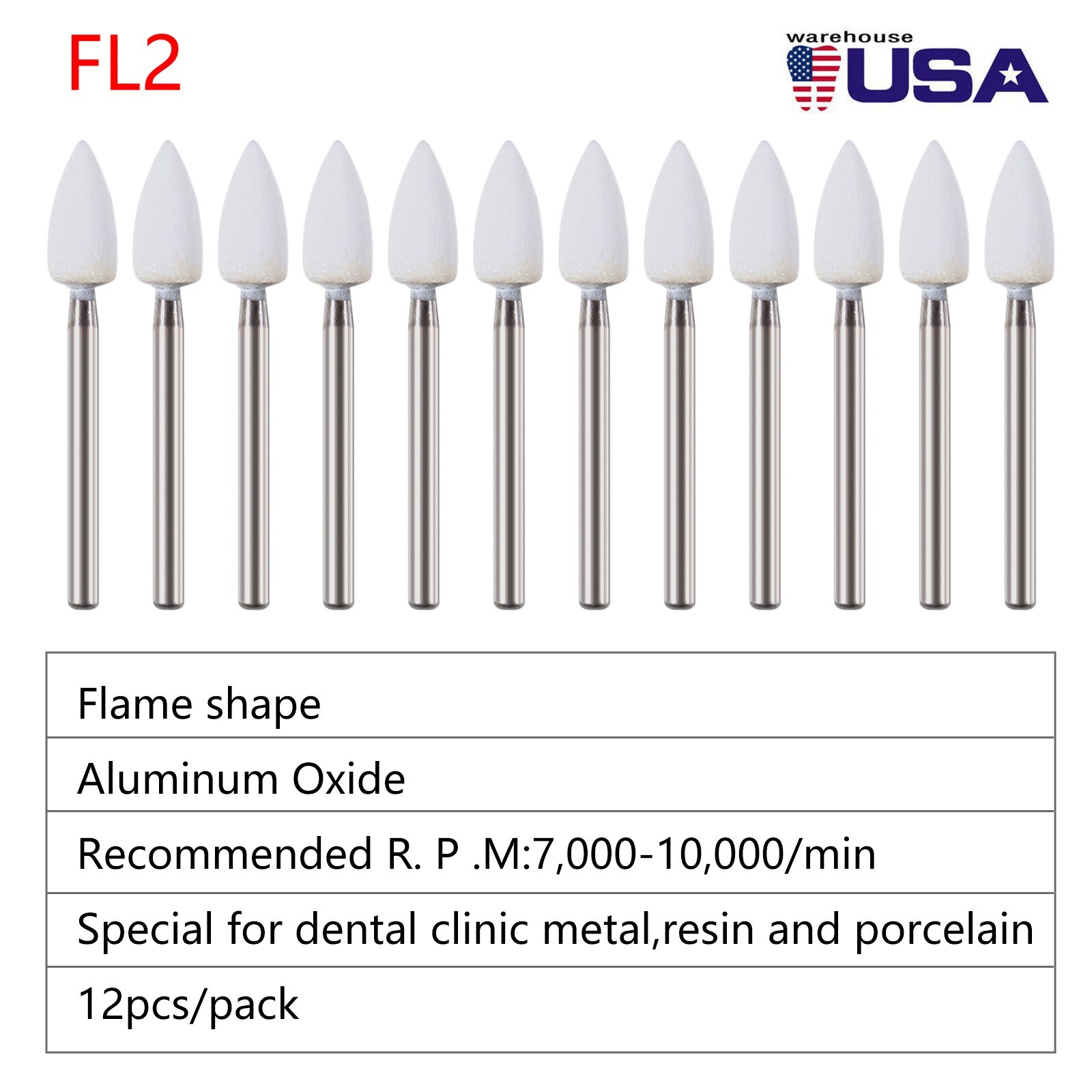 12pcs Dental Flame White Stone Polishing FG Burs Fl2 Abrasion Point Bur SANDENT