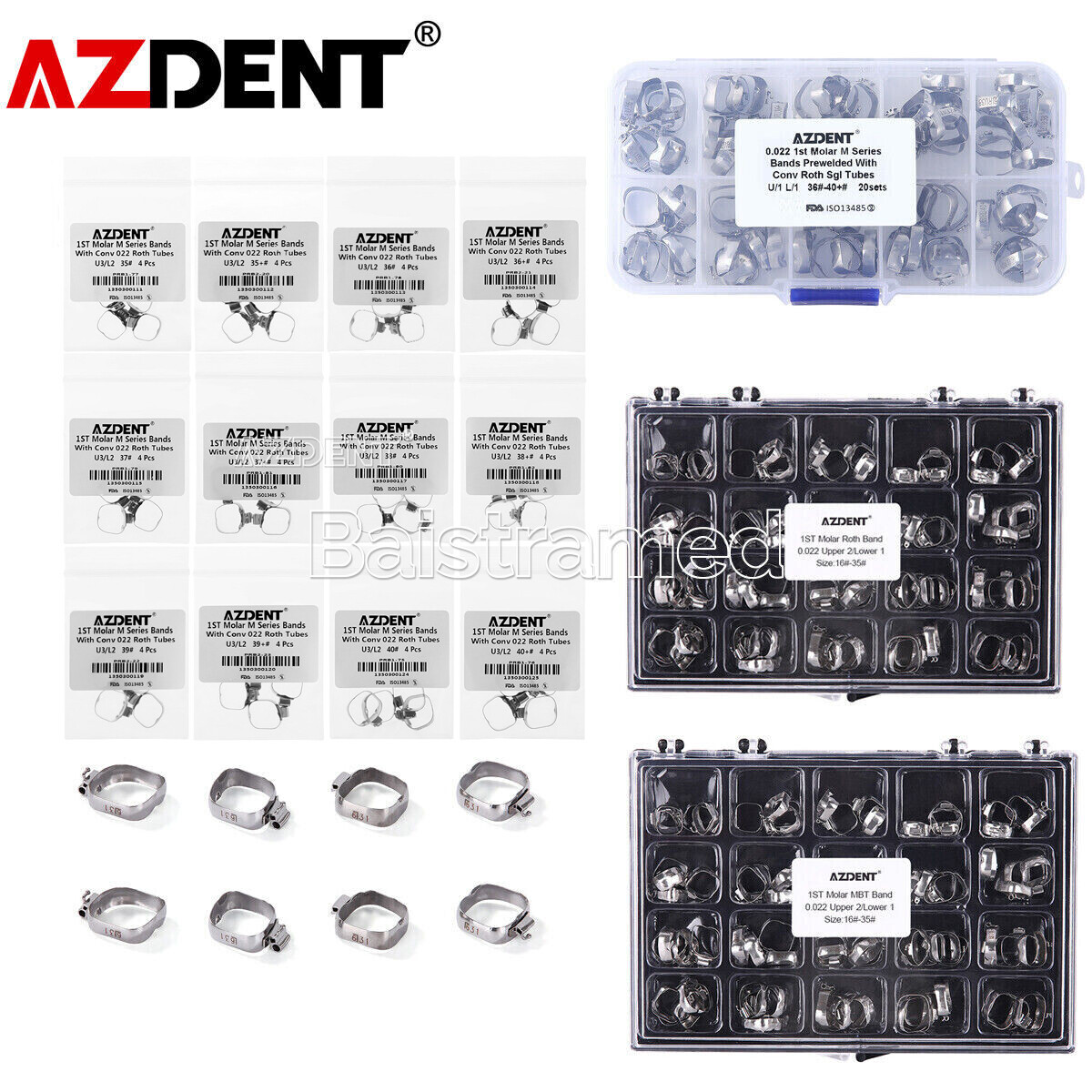 Bandas Ortodoncia AZDENT con Tubo Bucal 1er Molar MBT/Roth .022 Tallas 35-39+