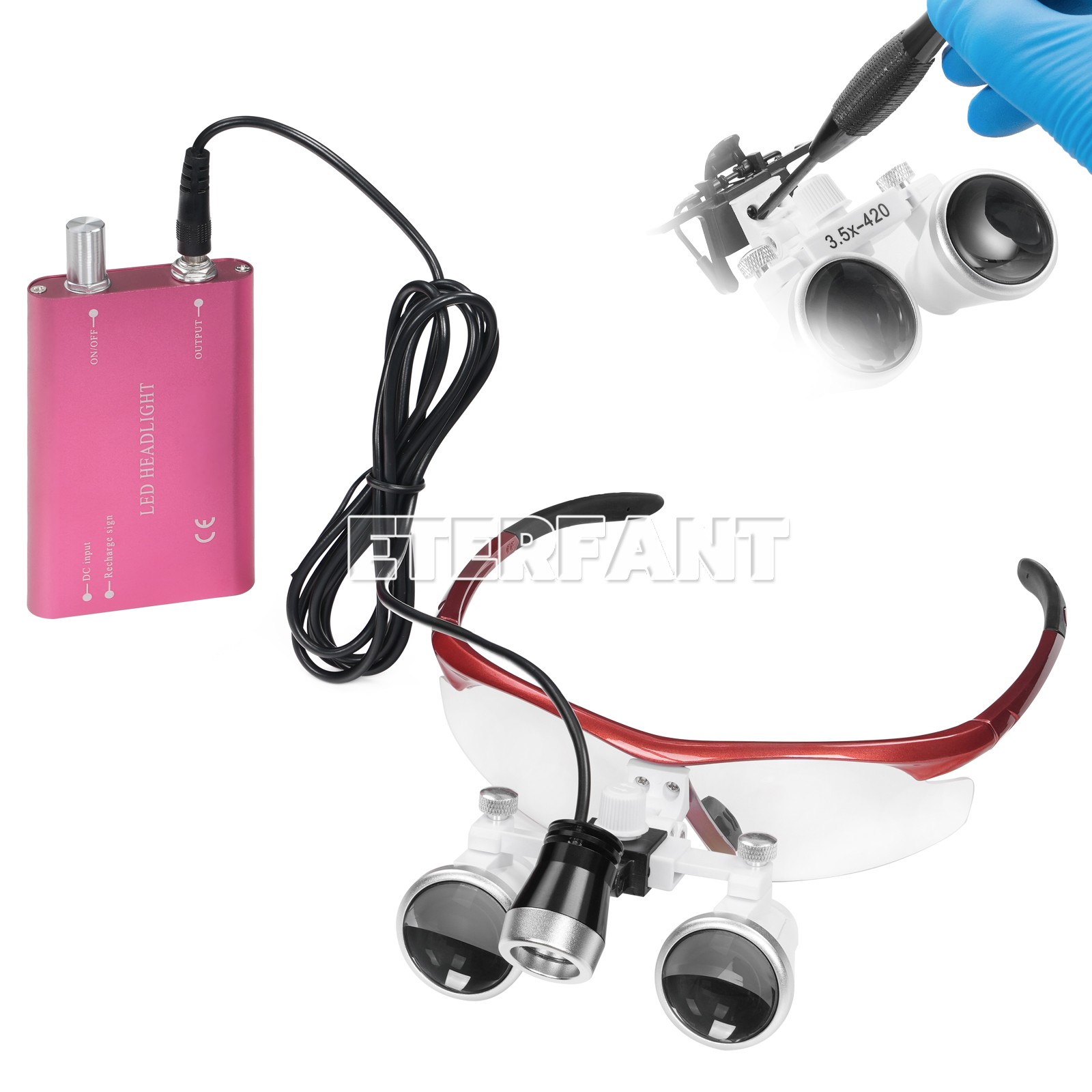 ETERFANT Dental Magnifier Medical Binocular Loupes Red+3W LED Head Light Lamp