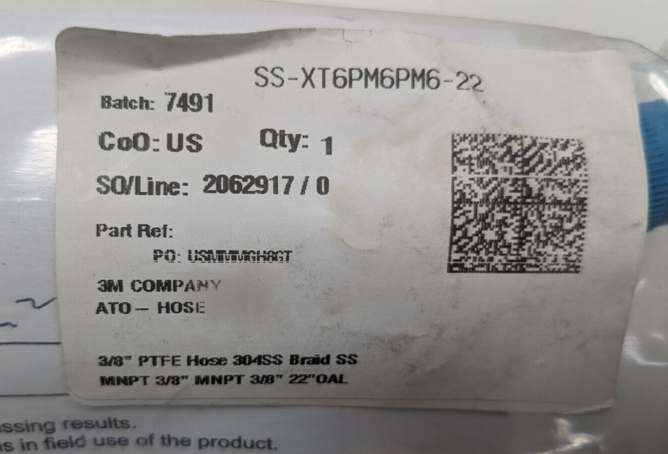 NEW SWAGELOK 22″ Long – 3/8″ MNPT PTFE Stainless Braided Hose SS-XT6PM6PM6-22 !!