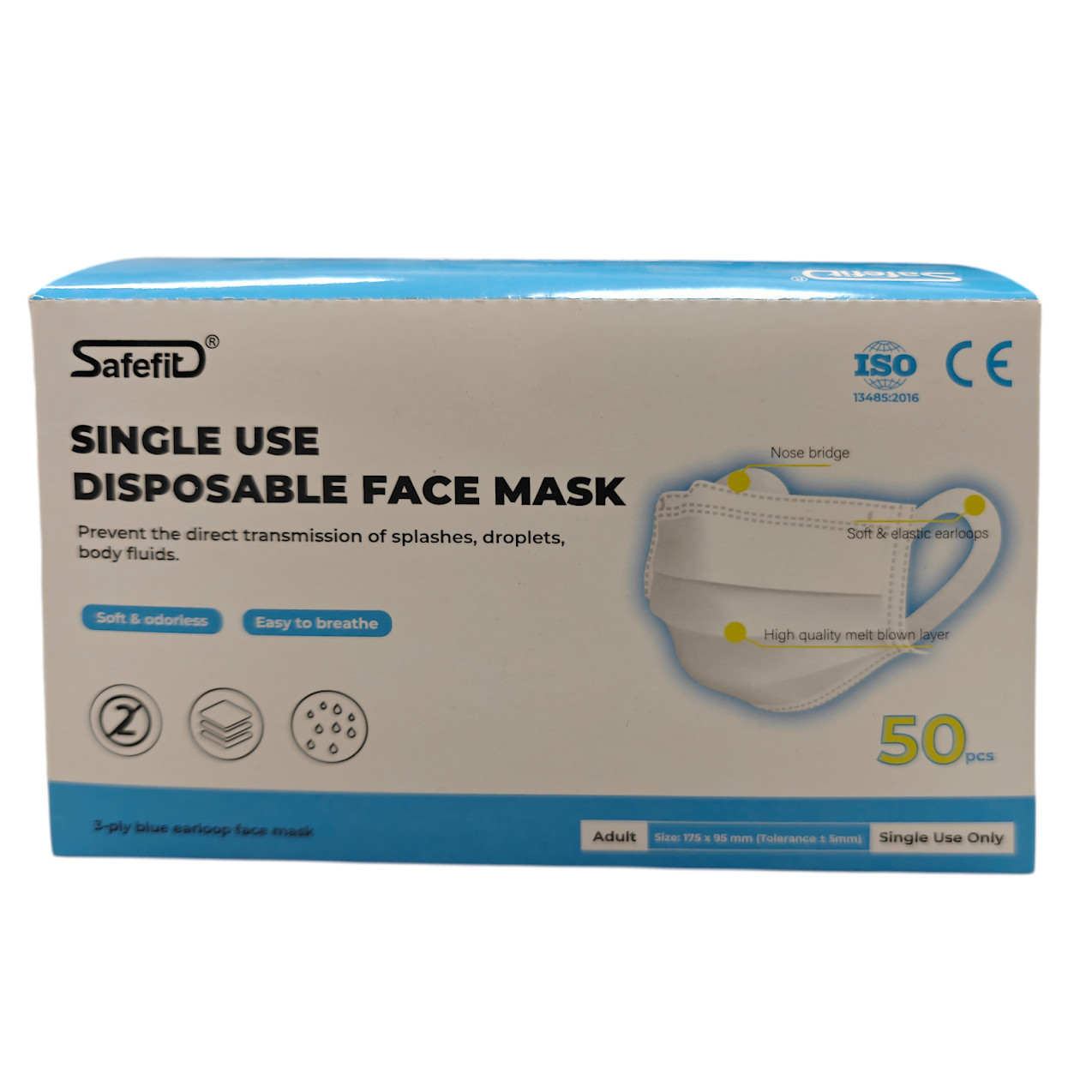 2500 Count Case – Safefit 3 Ply Disposable Face Masks Non Medical Adult 175x95mm