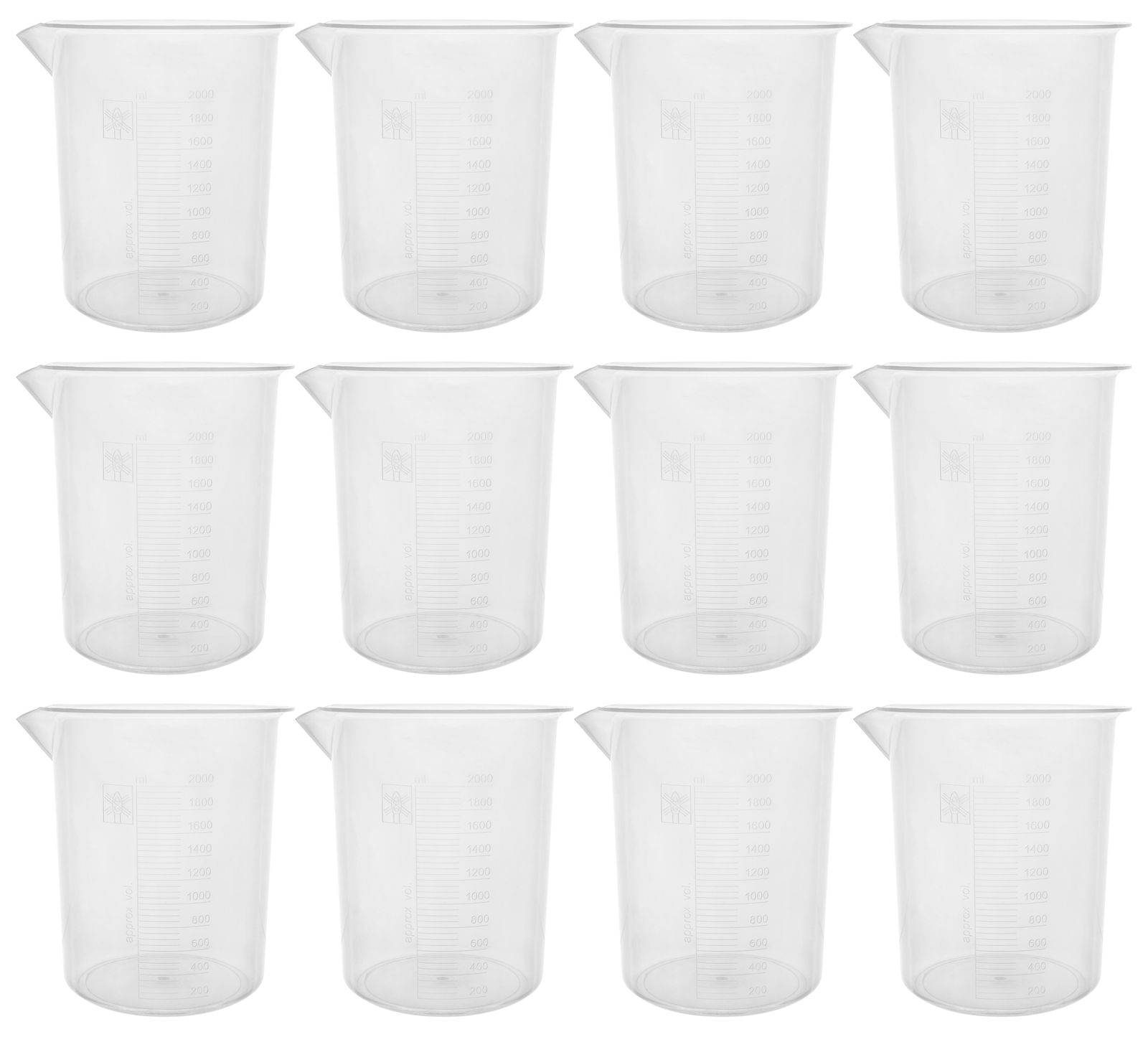 Eisco Labs 2000ml Polypropylene Plastic Beakers, Raised Graduations – 12 Pack