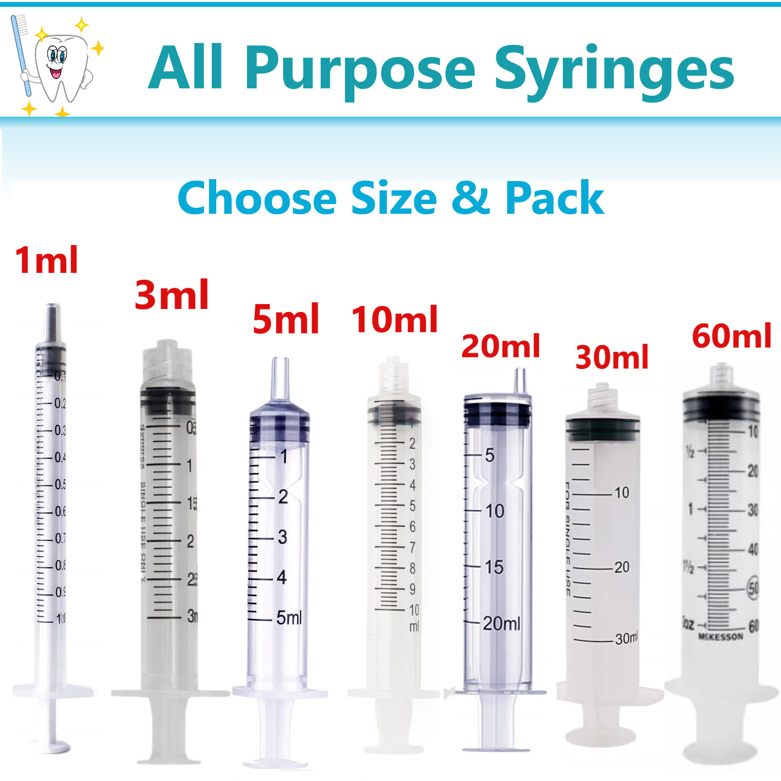 1ml / 1cc Syringe (No Needle) 3cc, 5cc, 10cc, 20, cc, 60cc, Choose Size & Pack