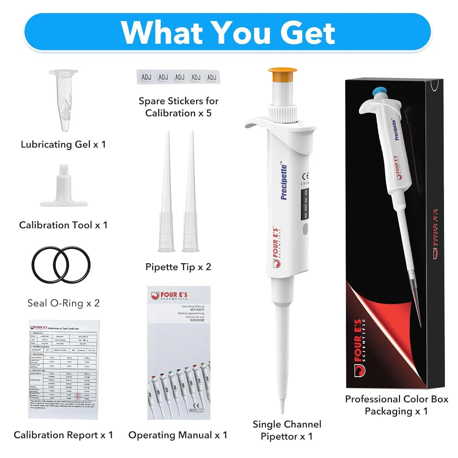 0.1-1000μL Single-Channel Micropipette with Color-Coded Top, 9 Specifications