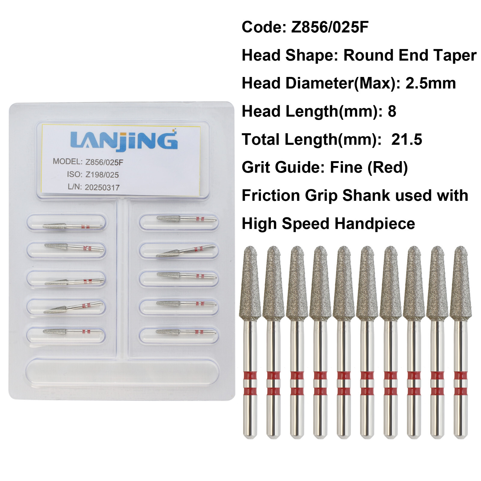Dental Diamond Burs Round End Taper Zirconia Adjustment FrictionGrip Fine Medium