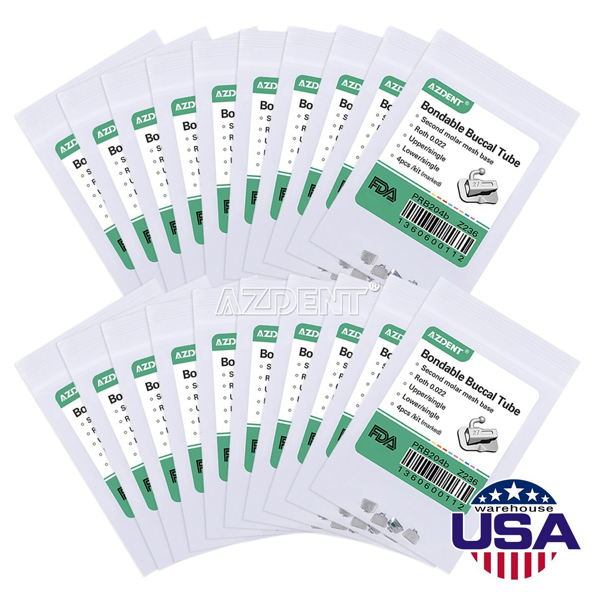 100X AZDENT Dental Orthodontic Buccal Tubes 2nd Molar Bondable Non-Conv Roth.022