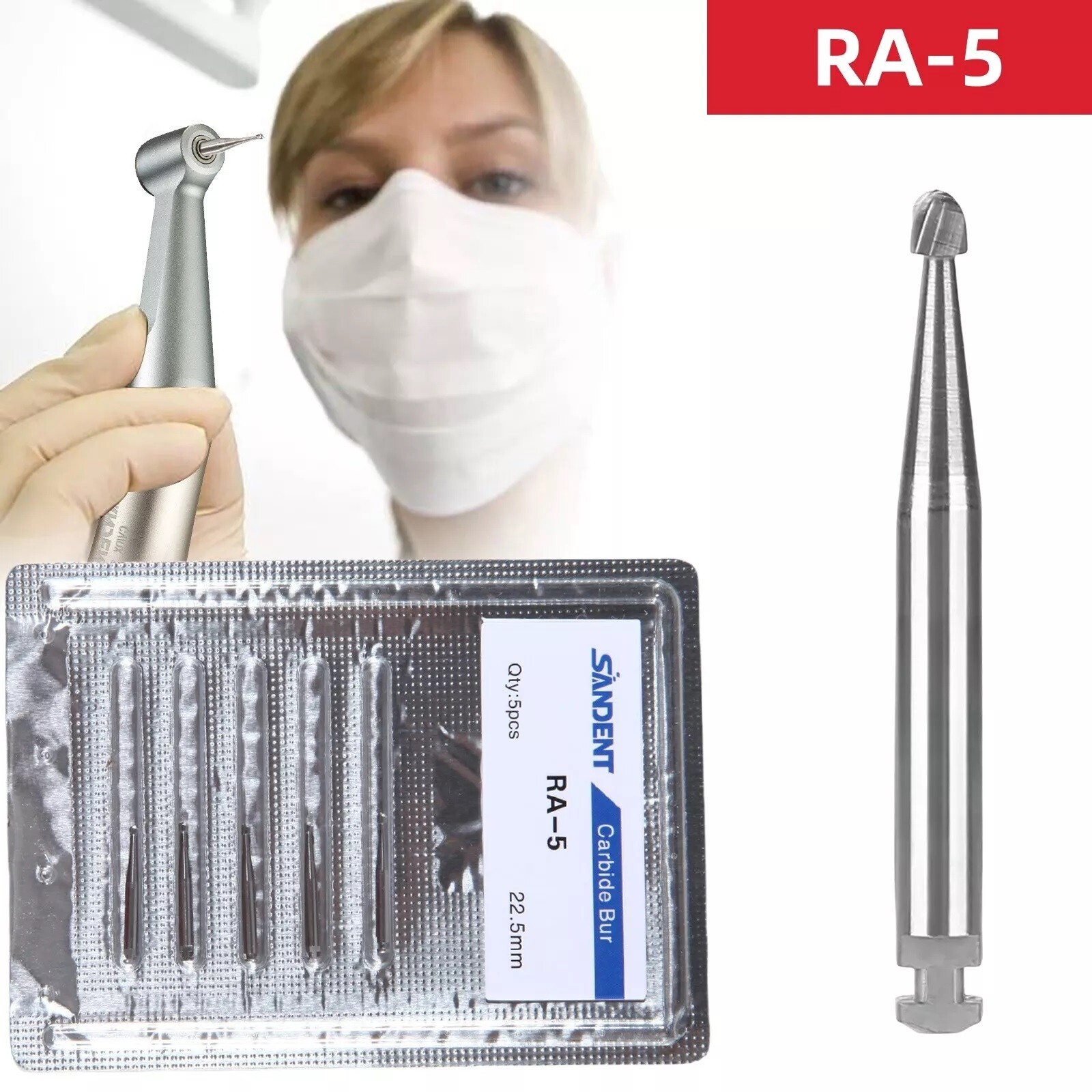 25 Pcs/5 Pack Dental 22.5mm Round Carbide Bur Slow Speed Latch Type RA5 Burs USA