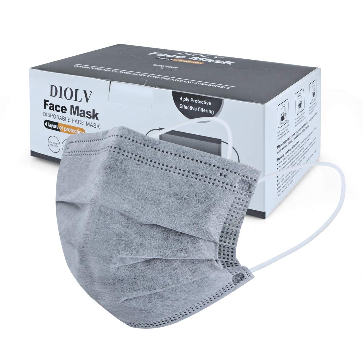 50 Pcs Disposable Face Mask 4-Layer Breathable Masks Dark Gray with White Ear…