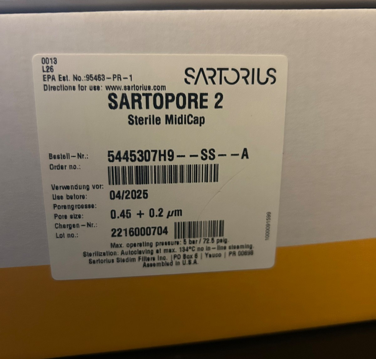 SARTORIUS Sartopore 2 Strl Midicap 0.45 + 0.2um, 5445307H9–SS–A, 4pk Exp 04/25