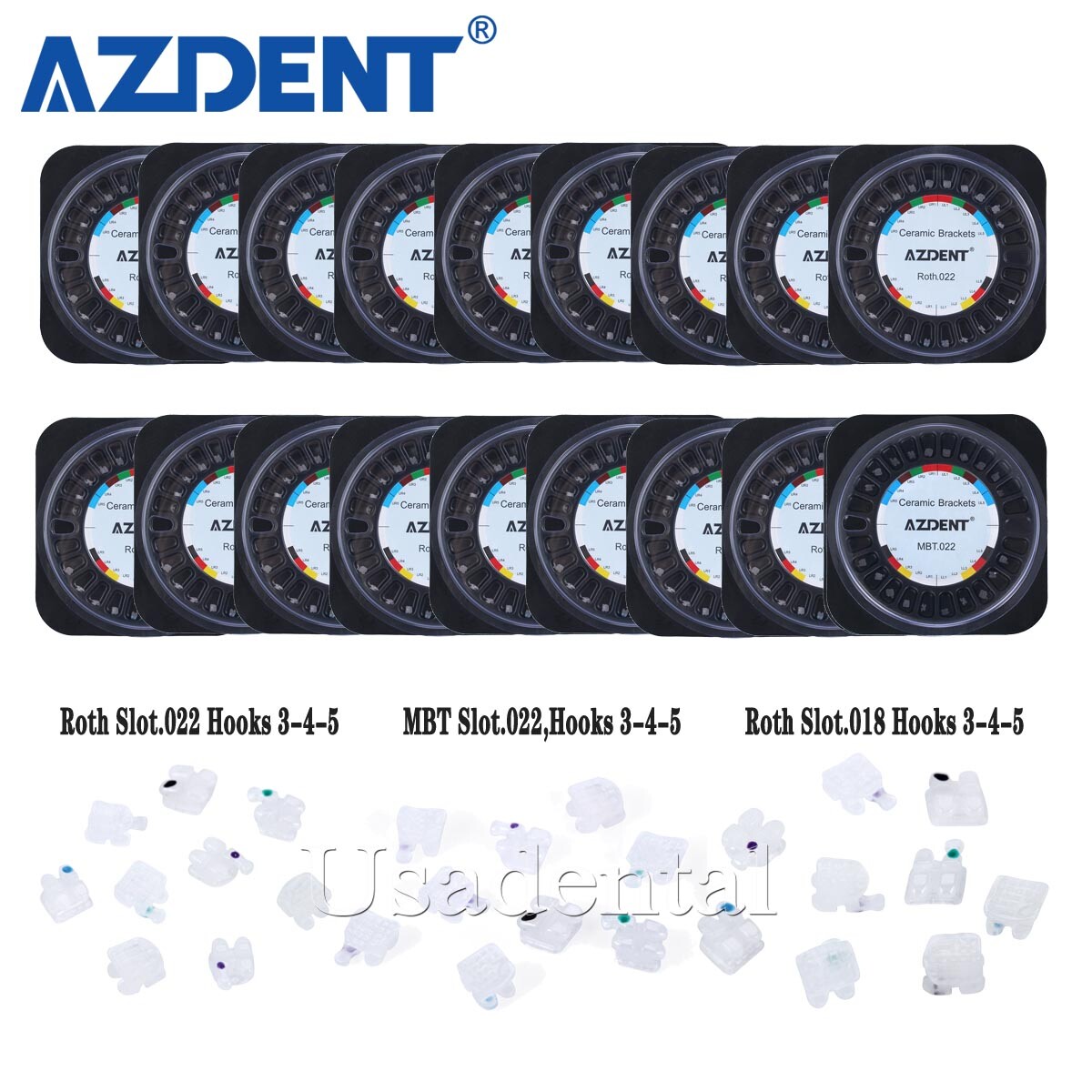 AZDENT Dental Orthodontic Ceramic Brackets MBT Roth 022/018 345 Hooks Braces