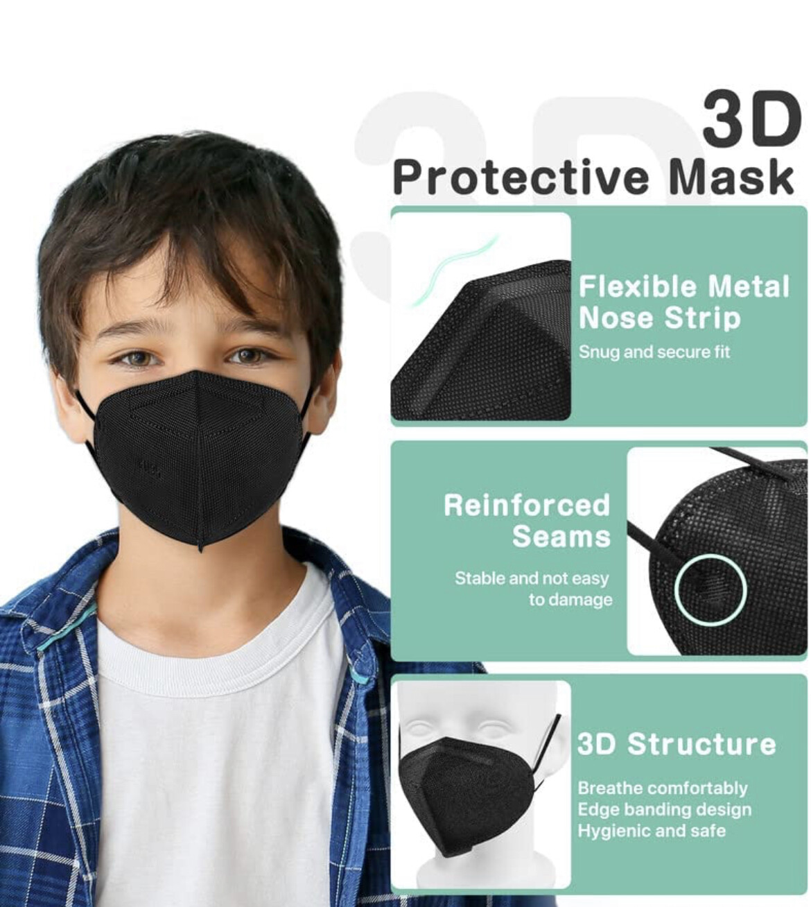 50/100 Pcs Black KN95 Protective 5 Layer Kids Face Mask BFE 95% Disposable Masks