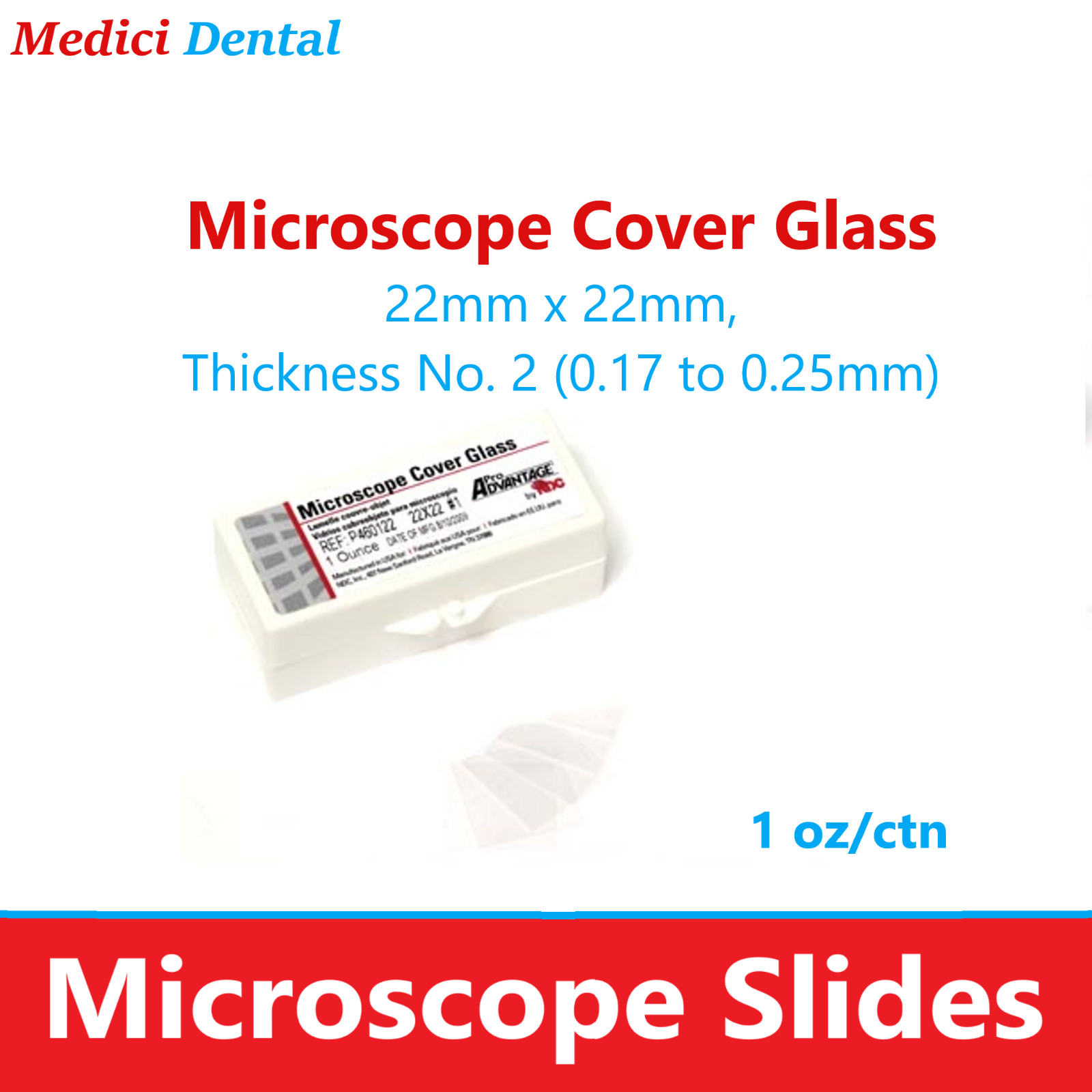 Microscope Cover Glass, 22mm x 22mm, Thickness No. 2 (0.17 to 0.25mm), 1 oz/ctn