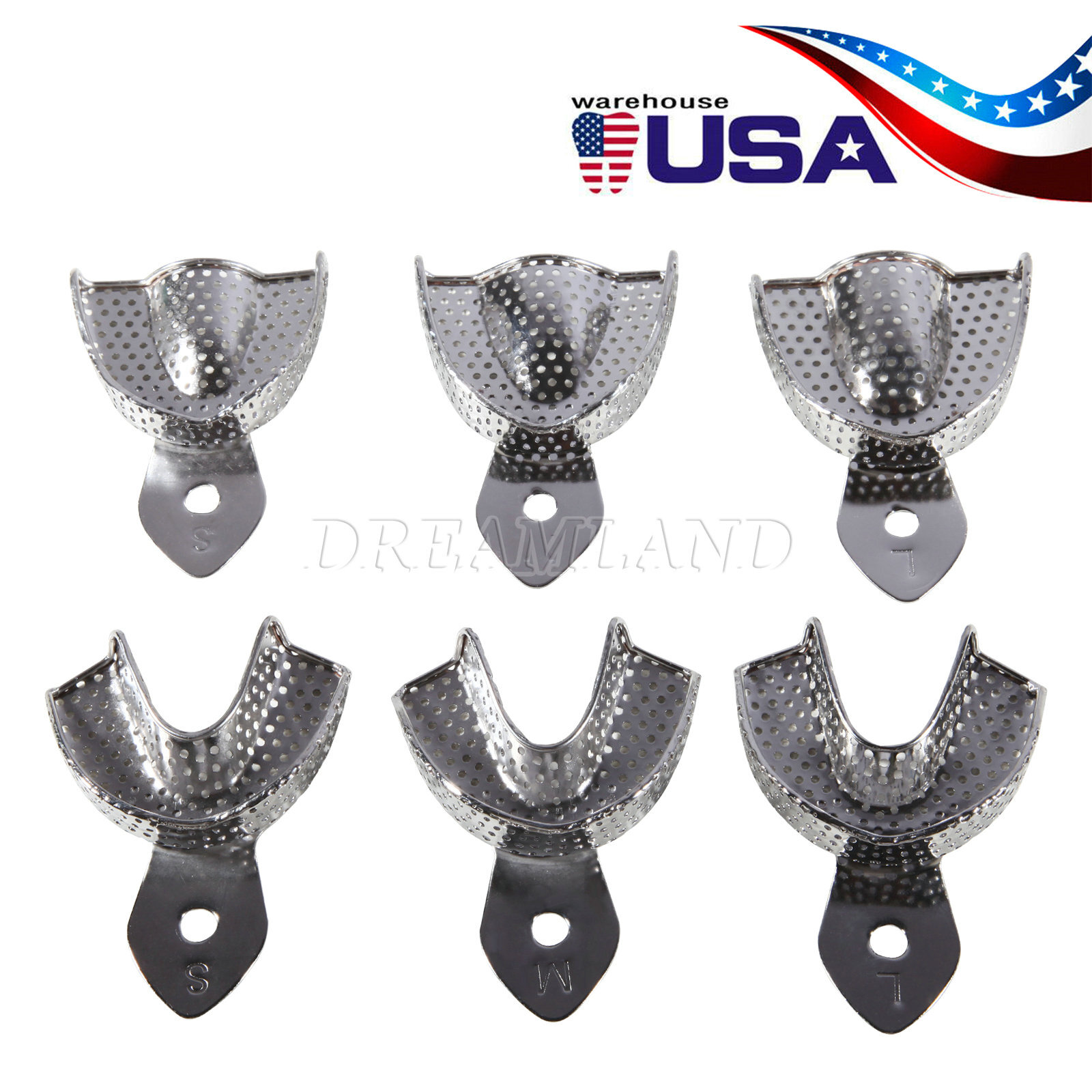 Dental Impression Trays Stainless Steel Perforated 6PC Upper+Lower S/M/L SKYSEA