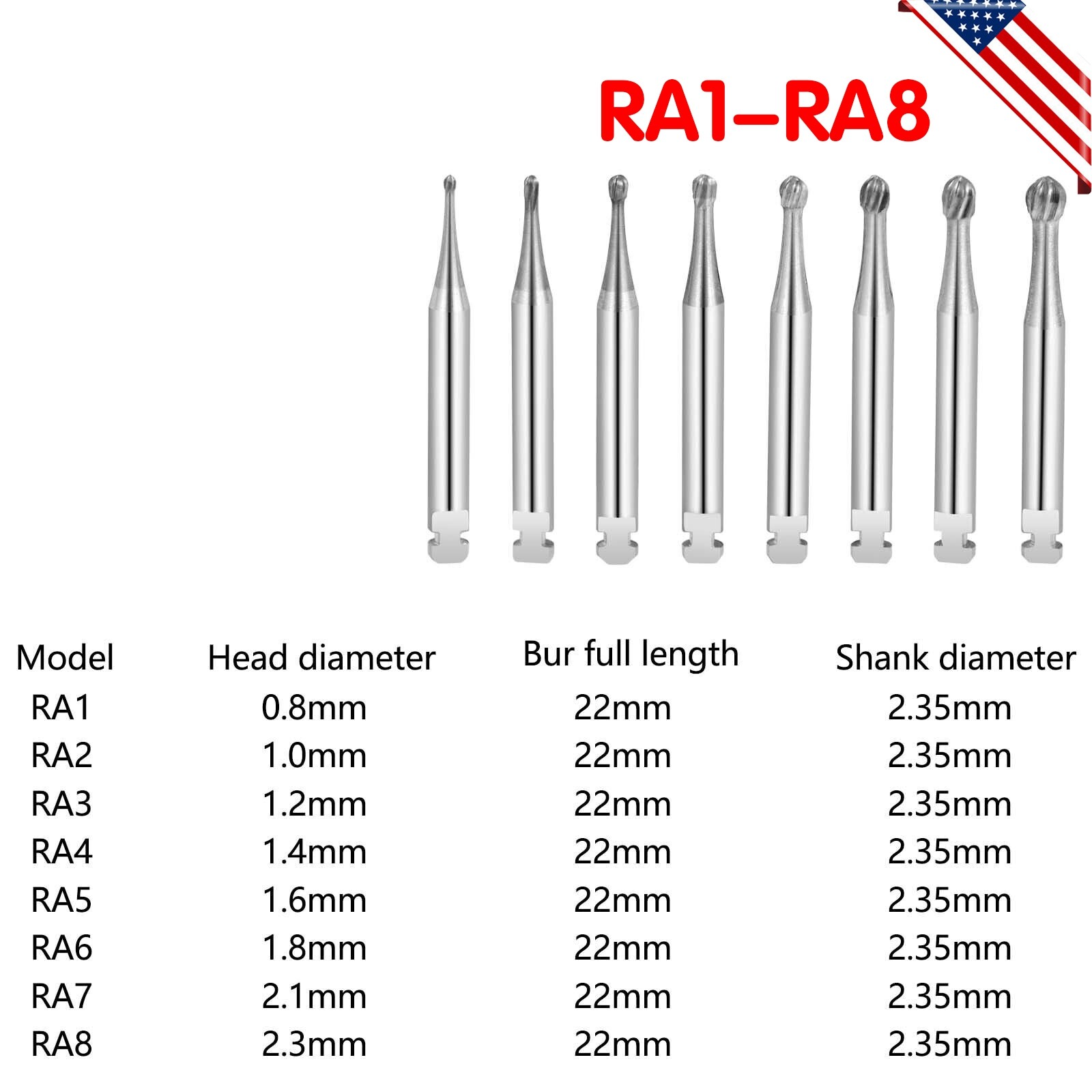 Dental Tungsten Carbide Burs RA1-RA8 fit Contra Angle Low Speed Handpiece YMP