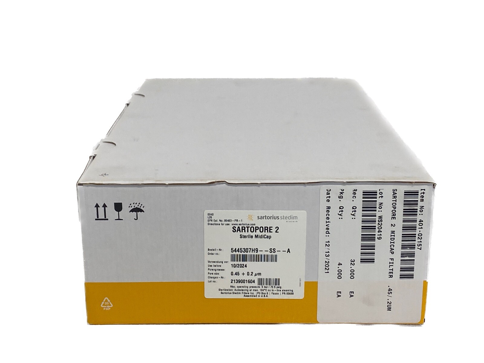 (4) SARTORIUS Sartopore 2 Midicap PES Liquid Filters 0.45/0.2um 1-1/2” 5445307H9
