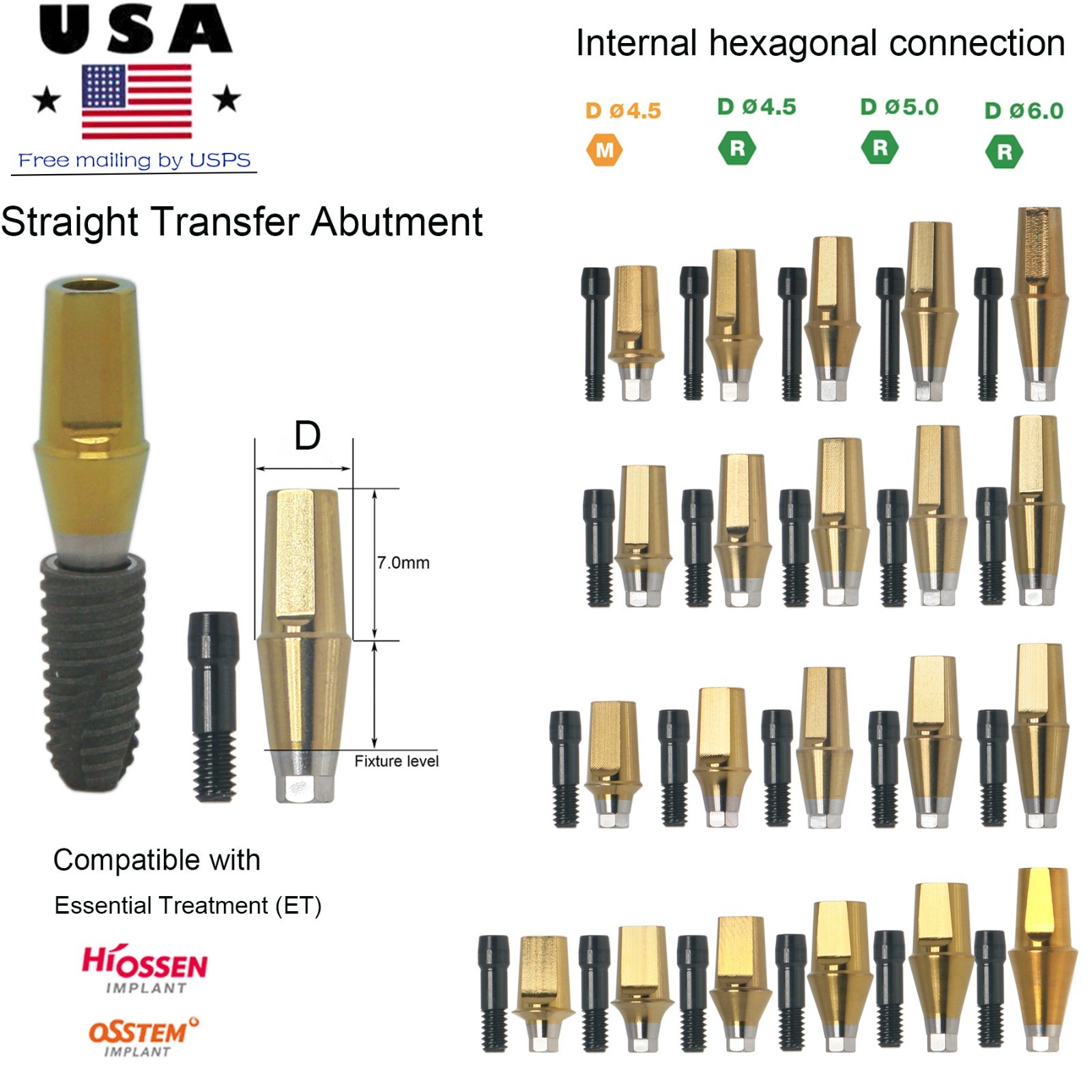 US Titanium Dental Straight abutment Mini/Regular Hex fit Hiossen ET OSSTEM TS