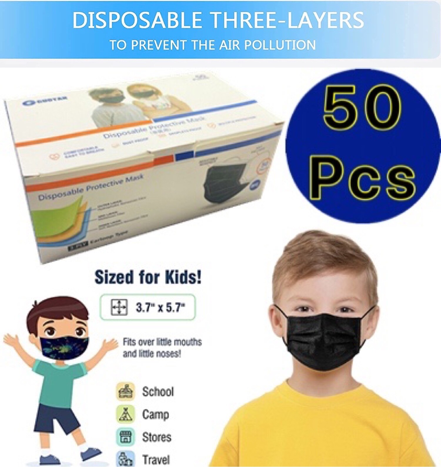 Kids Black Face Mask Disposable Child Size 3-Ply Mouth Nose Cover（50-PCS）