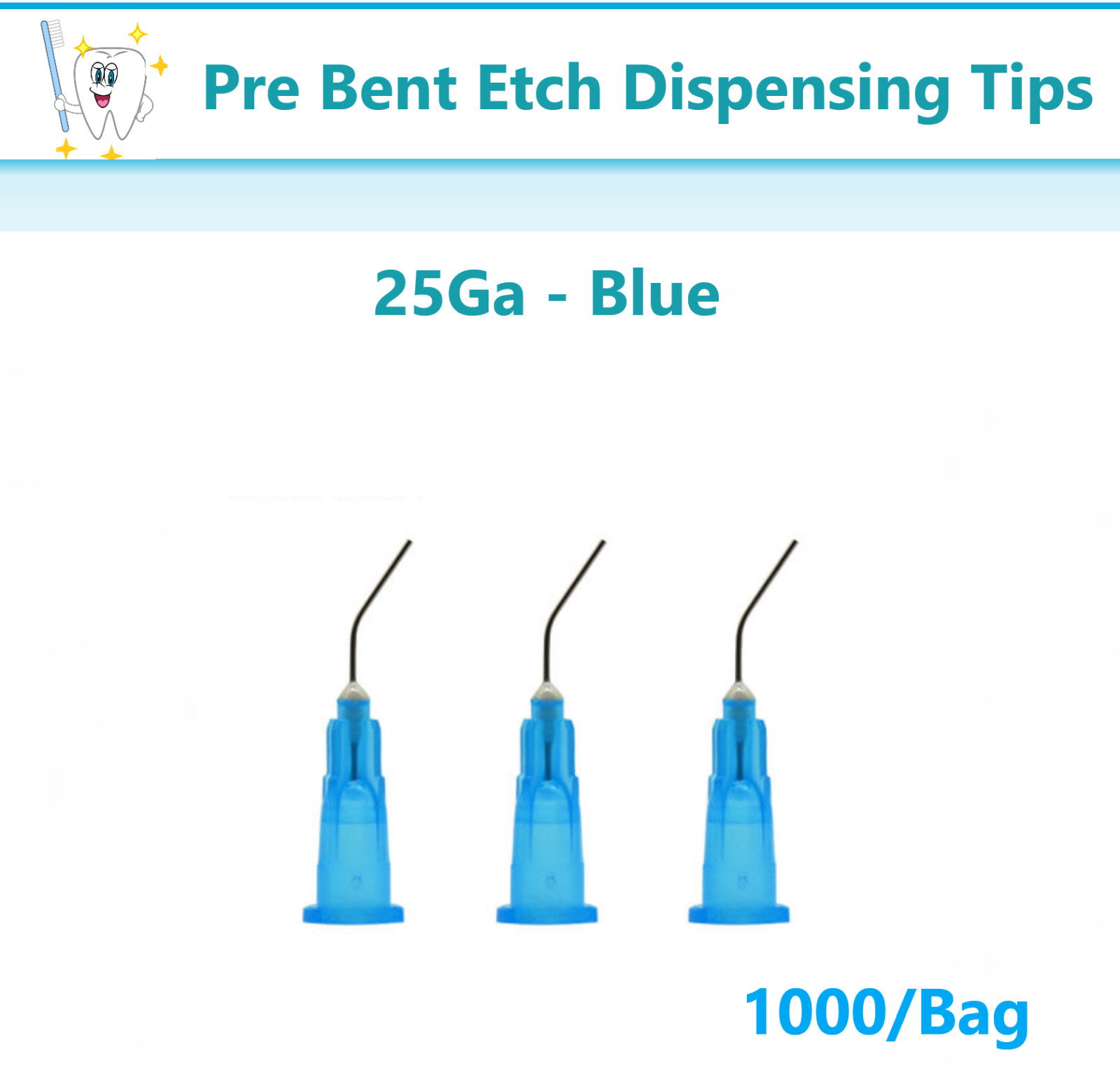 1000 Blue 25 Gauge Etch Dental Pre Bent Applicator Dispensing Tips (10 Bags)