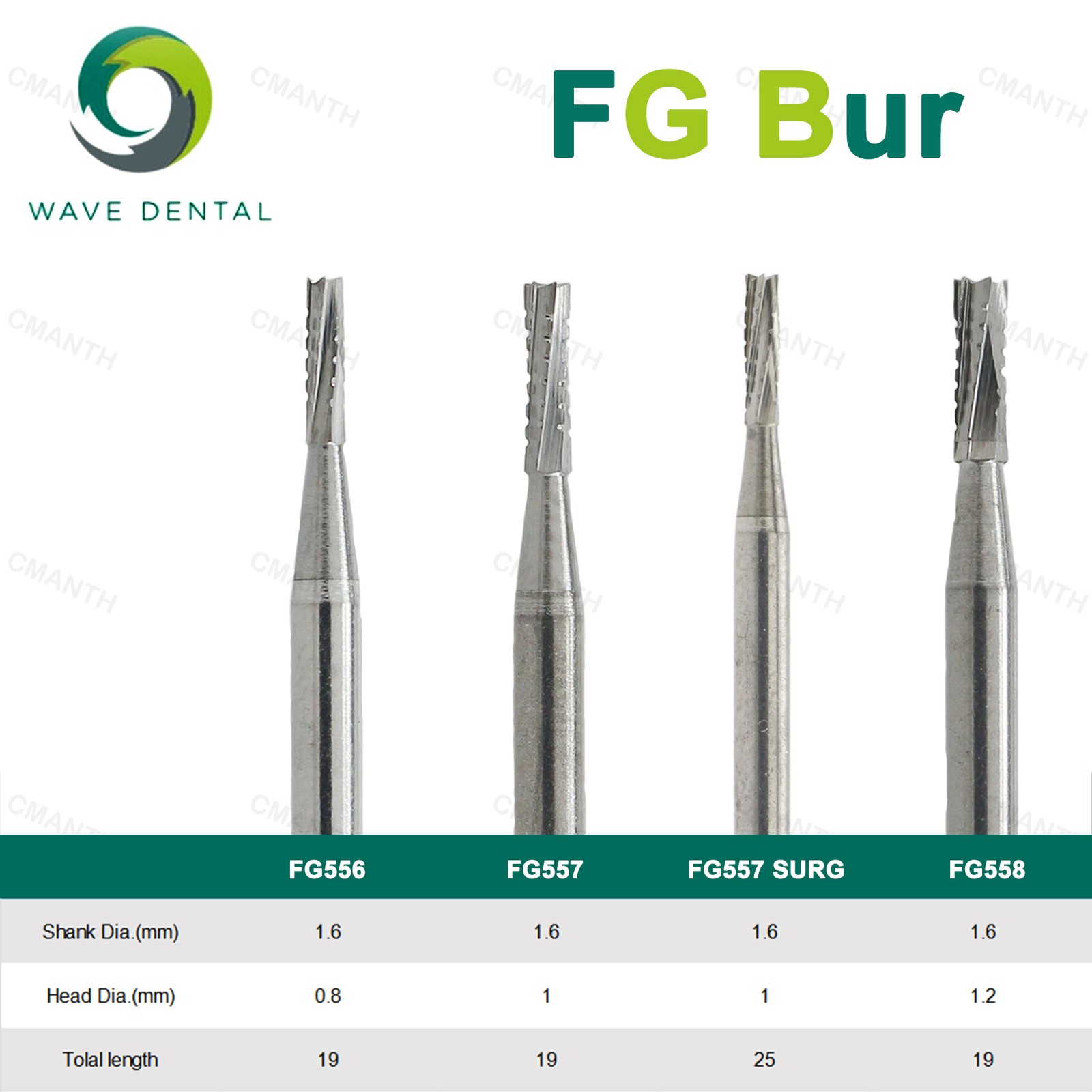 WAVE Dental Tungsten Carbide Burs FG Drills Staright Fissure Head For High Speed