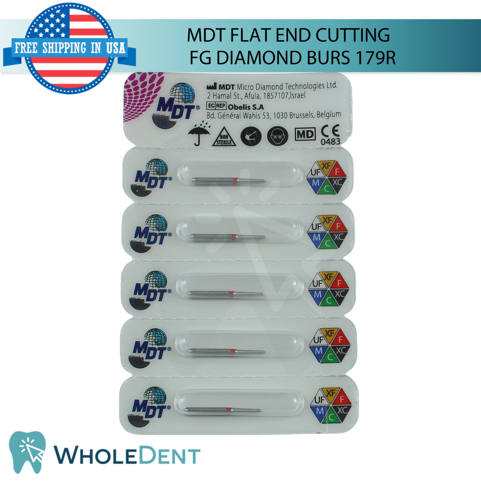 Dental MDT Flat End Cutting 179R FG Diamond Burs Smooth Defined Contours L19.0mm