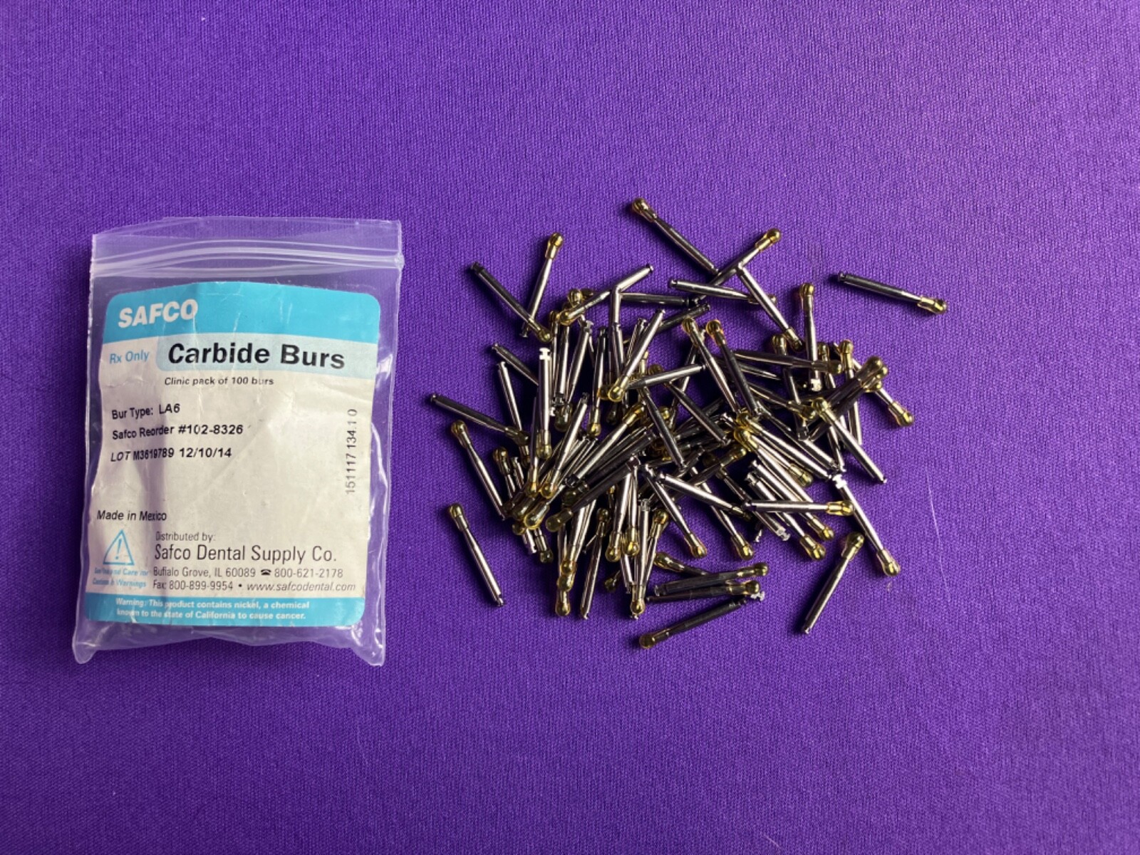 Safco brand Dental RA #6 Round Carbide Bur for Slow Speed Latch Type Quantity 5