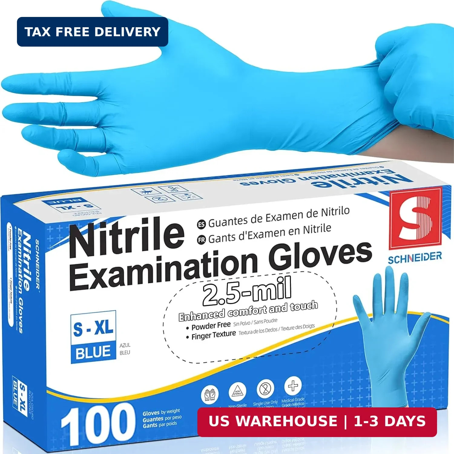 Schneider Nitrile Exam Gloves, Blue Disposable Gloves Latex Free Powder Free for
