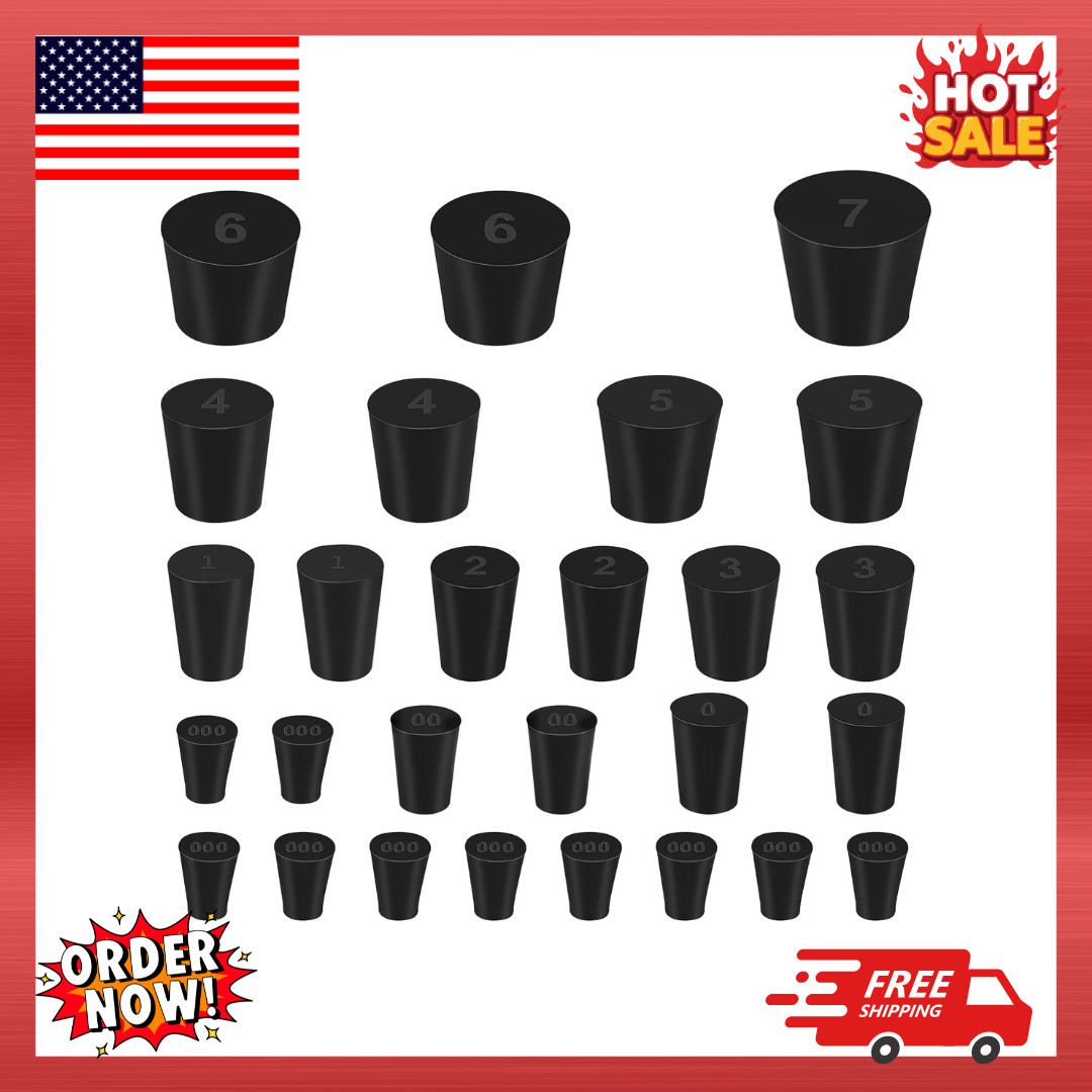 27 Pack (10 Assorted Sizes) 000# – 7# Tapered Lab Bungs Solid Stoppers
