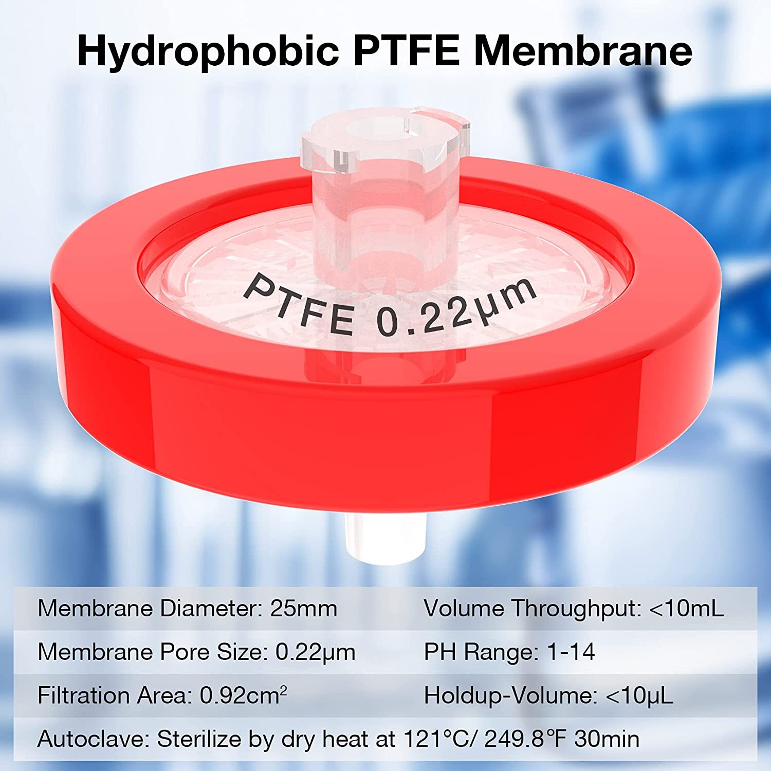Lab PTFE Syringe Filter 0.45μm 25mm Non Sterile Hydrophobic Filtration (100PCS)