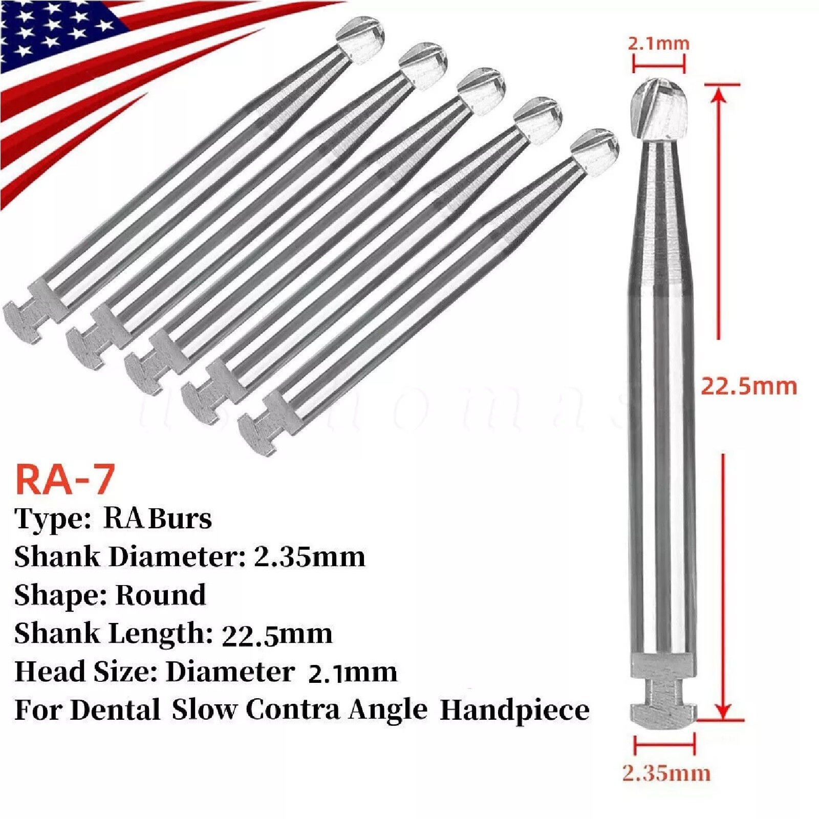 5 Pcs/Pack Dental 22.5mm Round Carbide Bur Slow Speed Latch Type RA7 Burs USA