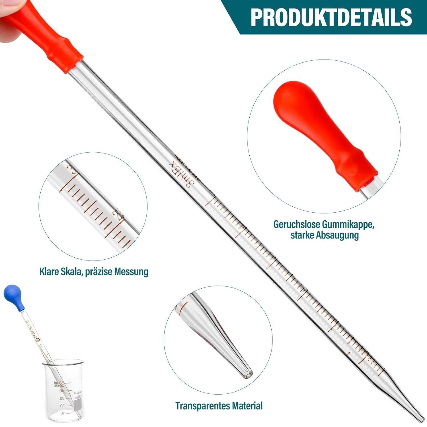Glass Pipettes Set 6pcs 0.5ml 1ml 2ml 3ml 5ml 10ml for Liquid Transfer Lab Uses