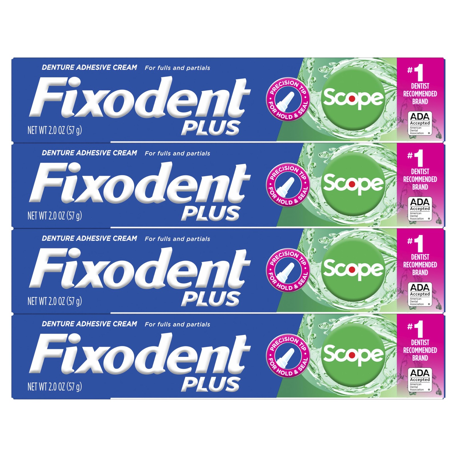 Fixodent Plus Scope Denture Adhesive Cream, 2 Ounce (Pack of 4), blue & green