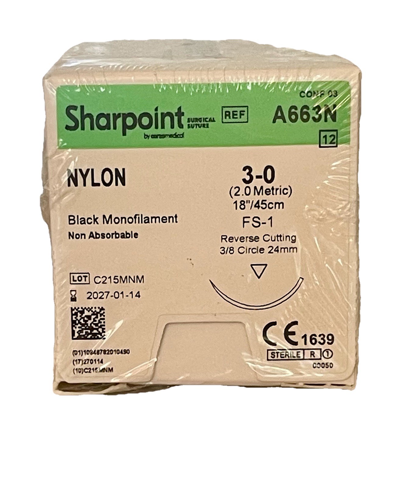 Sharpoint 3-0 Nylon Sutures A663N FS-1 Reverse Cutting 24mm 3/8 Circle Exp 2027