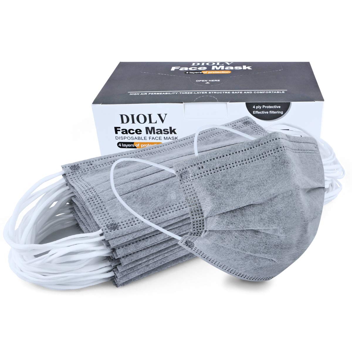 50 Pcs Disposable Face Mask 4-Layer Breathable Masks Dark Gray with White Ear…