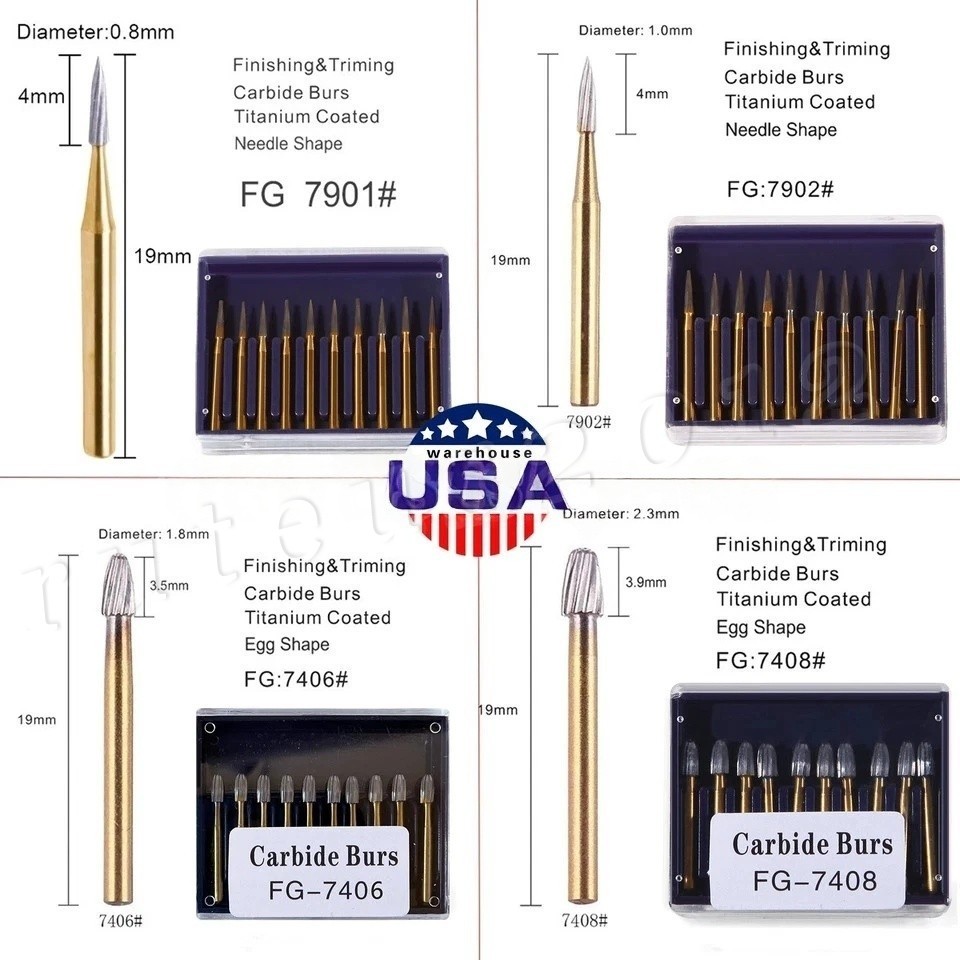 10*Tungsten Carbide Gold Burs Trimming Finishing FG7901 /7902/ 7406 /7408 Dental