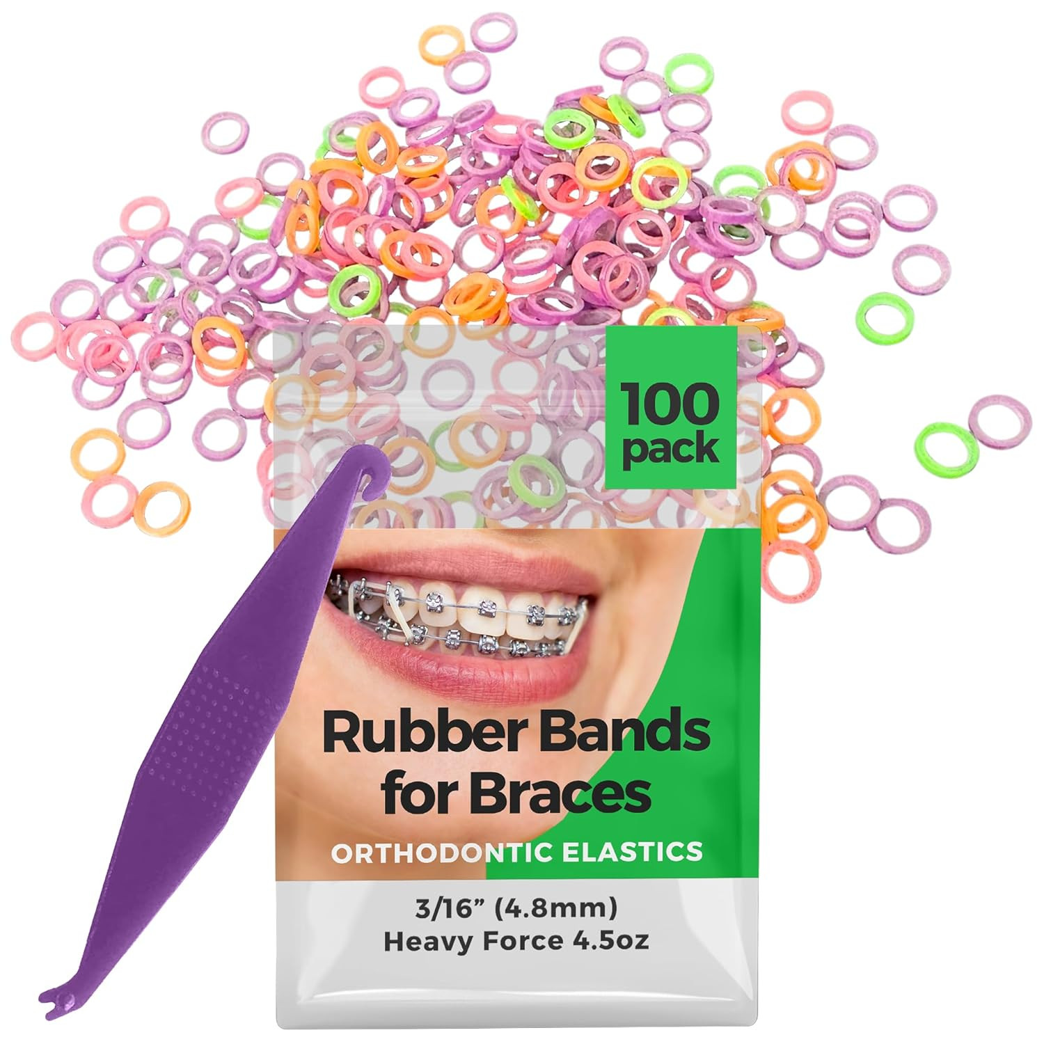 3/16 Inch Orthodontic Elastic Rubber Bands, 100 Pack, Neon, Heavy 4.5 Ounce Sma