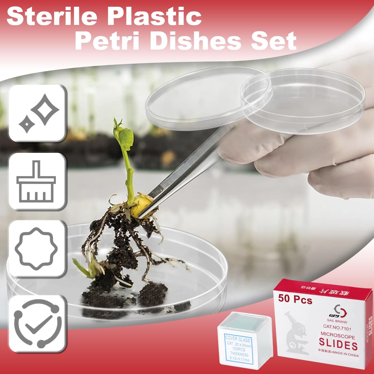 Sterile Plastic Petri Dishes Set, 50 Pcs Blank Microscope Slides, 100 Pcs 20x
