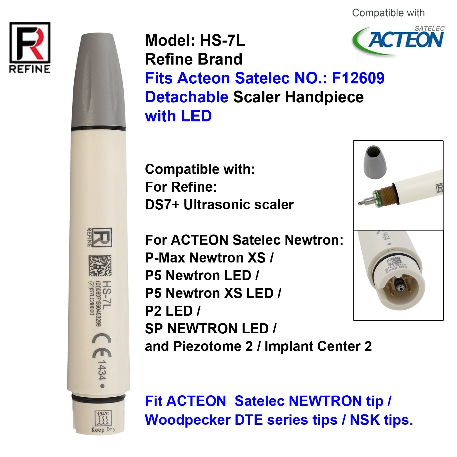 Newtron LED Scaler Handpiece F12609 Woodpecker Piezo Tips GD1 fit Acteon Satelec