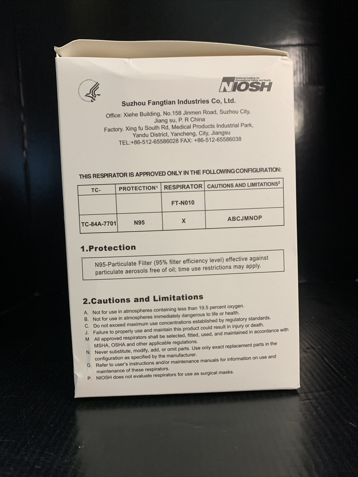 N95 NIOSH Particulate Respirator 20pcs White FLTR Model FT-N010 *See Description