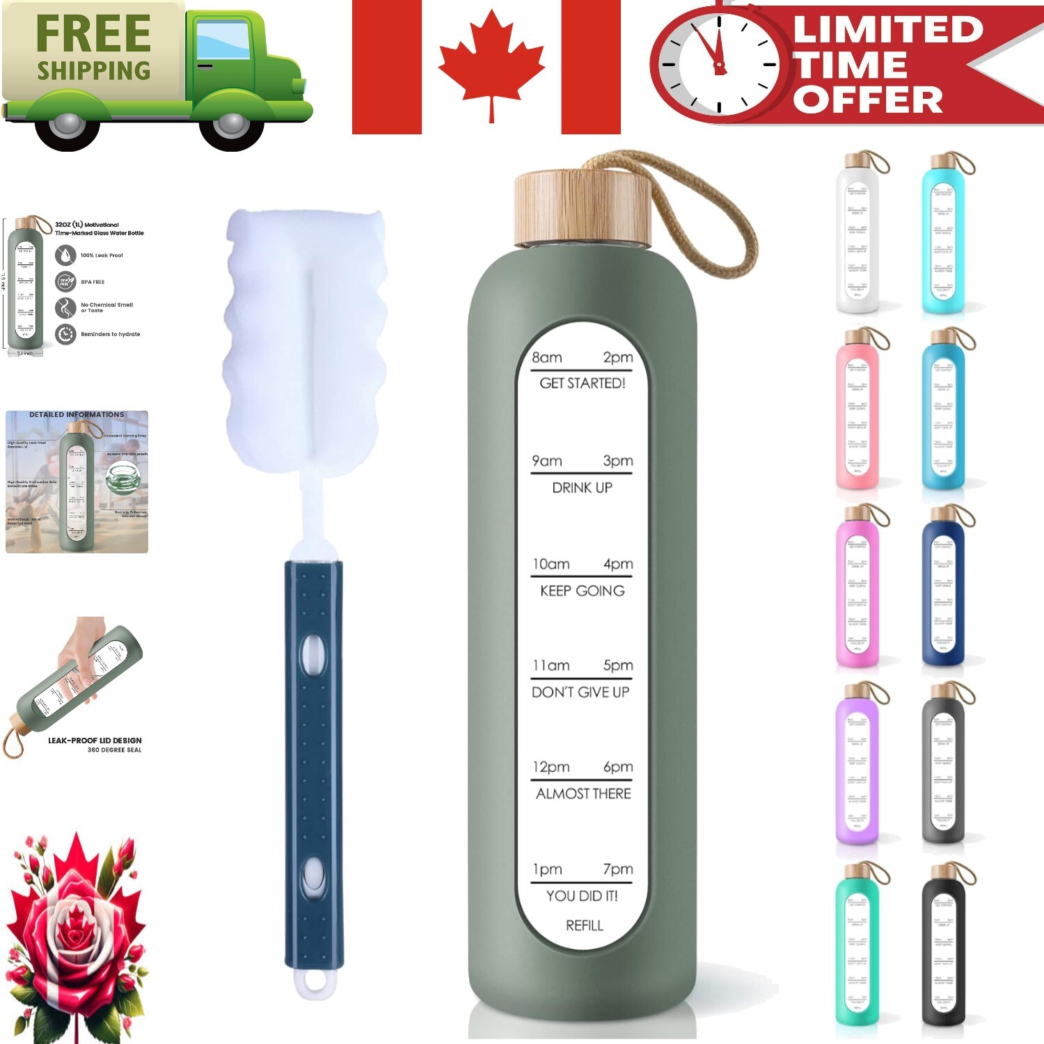 Eco-Friendly 32 Oz Glass Water Bottle with Time Markers & Silicon Sleeve – Olive