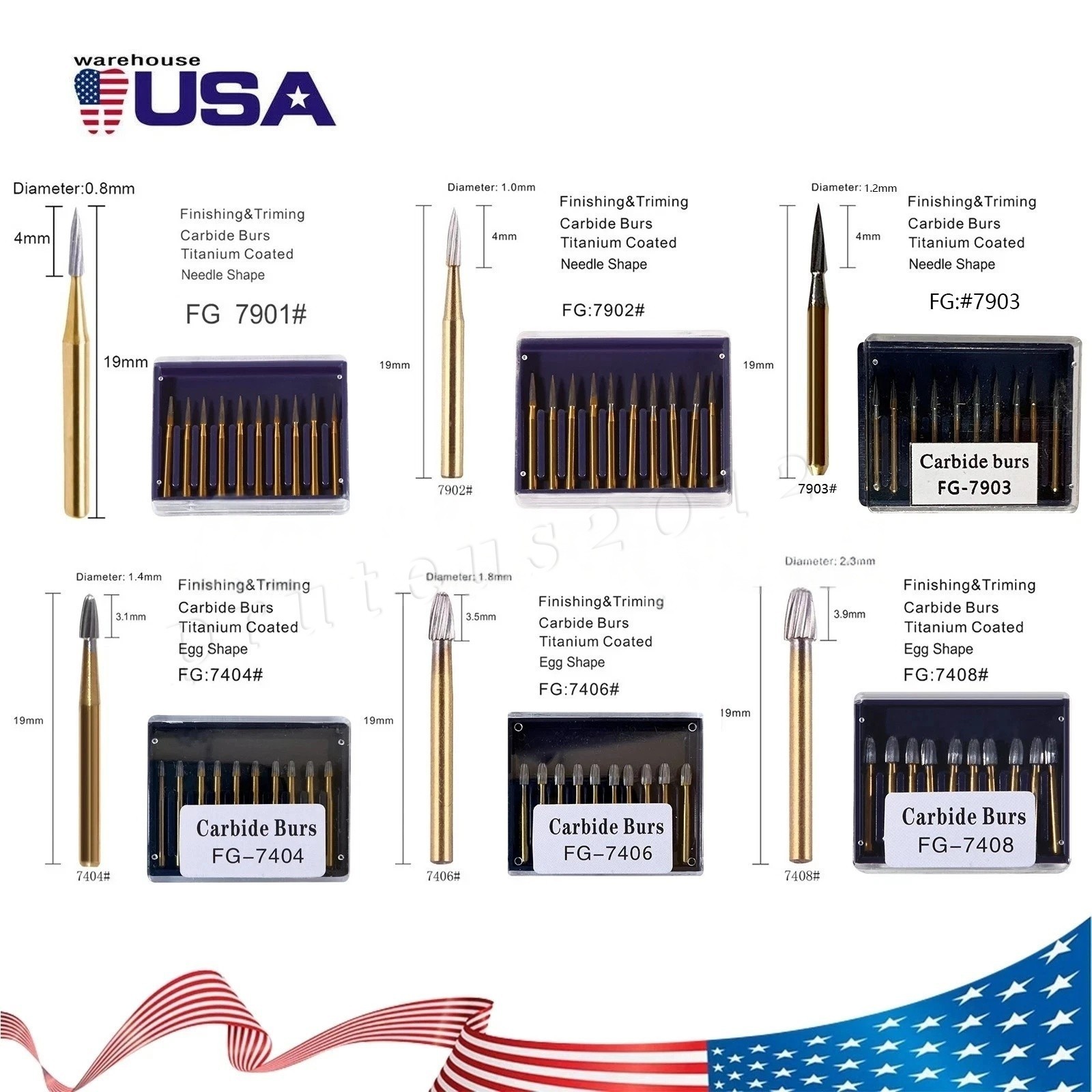 10*Tungsten Carbide Gold Burs Trimming Finishing FG7901 /7902/ 7406 /7408 Dental