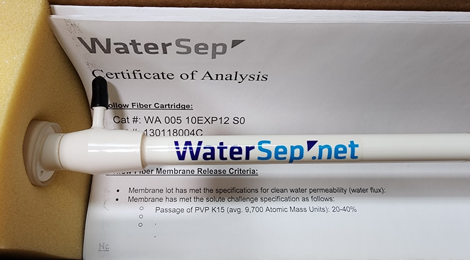 WaterSep WA 005 10EXP12 S0 Explorer12 Reuse Hollow Fiber Cartridge, 5k Membrane