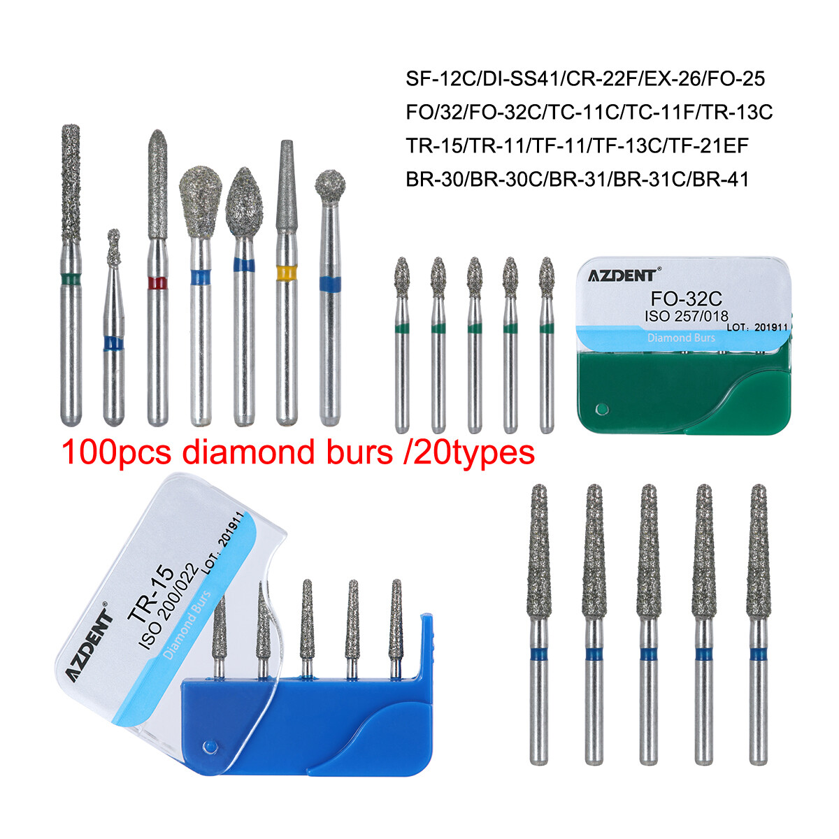 100pcs 20Types Dental High Speed Handpiece Diamond Burs Drills Medium FG 1.6mm