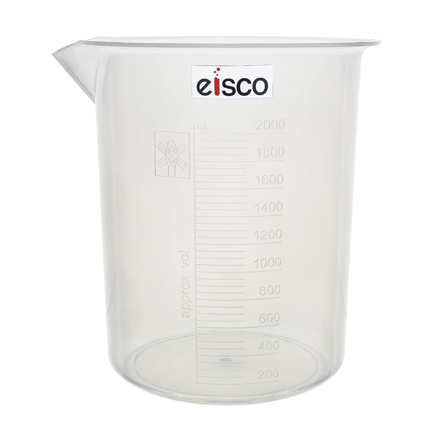 Plastic Beaker, 5000ml – Polypropylene Plastic – Raised Graduations, Tapered Spo