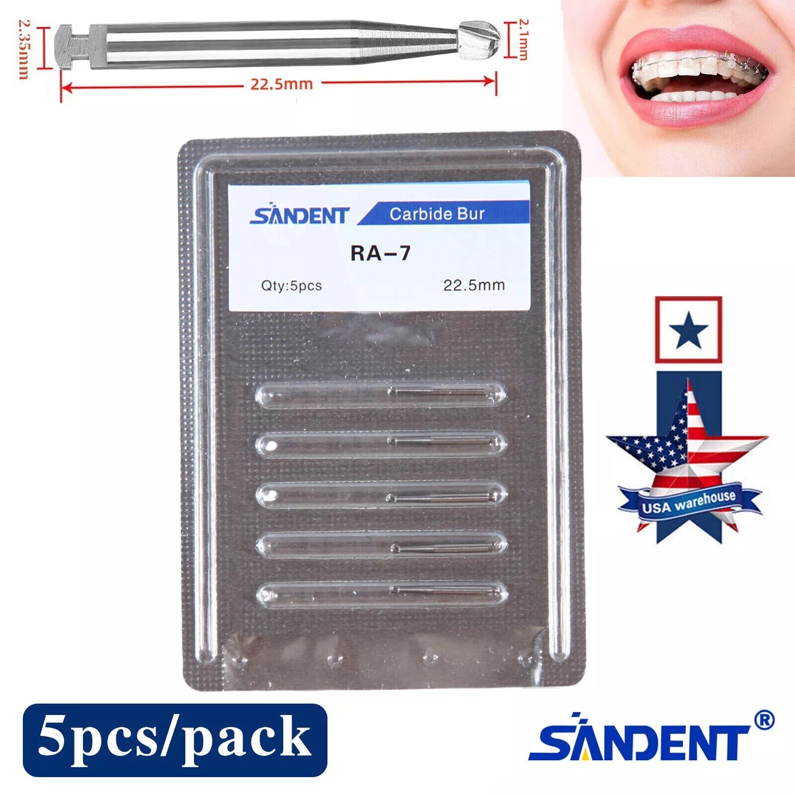 5 Pcs/Pack Dental 22.5mm Round Carbide Bur Slow Speed Latch Type RA7 Burs USA