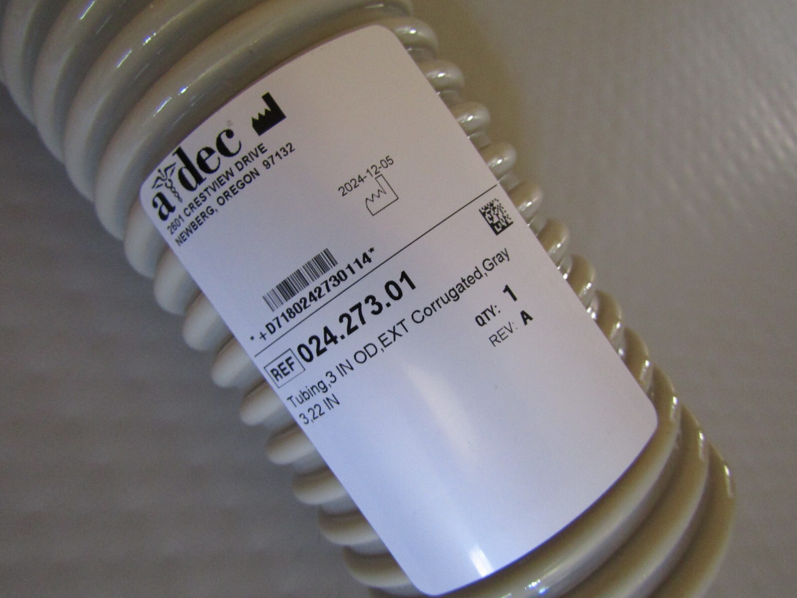 Adec Tubing 3 IN OD, EXT Corrugated, Gray, Length 22″, REF# 024.273.01