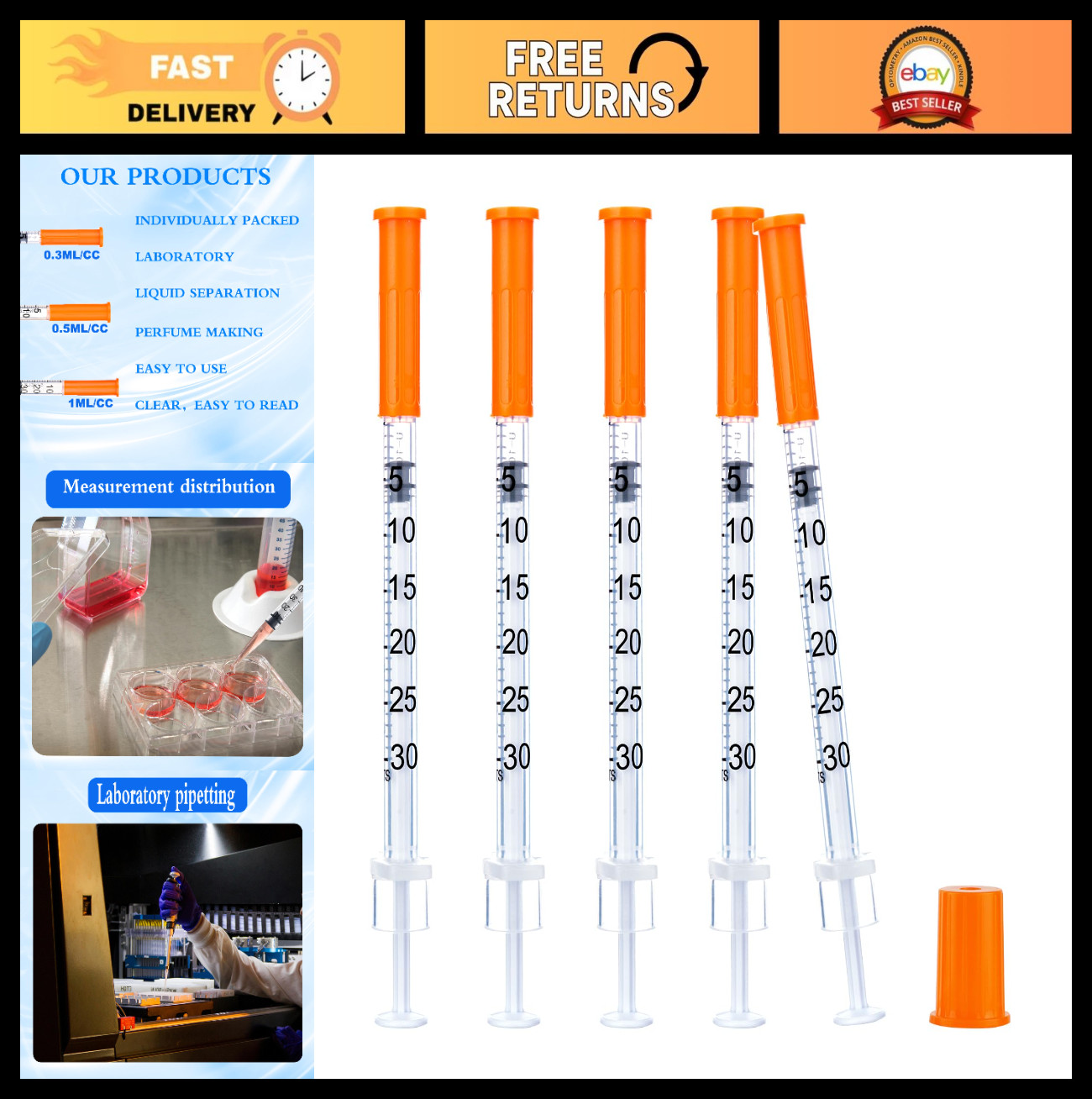 100 Pack 31G 1/4″ (6mm) Disposable Syringes – 0.3cc/mL Lab Measurement Tool