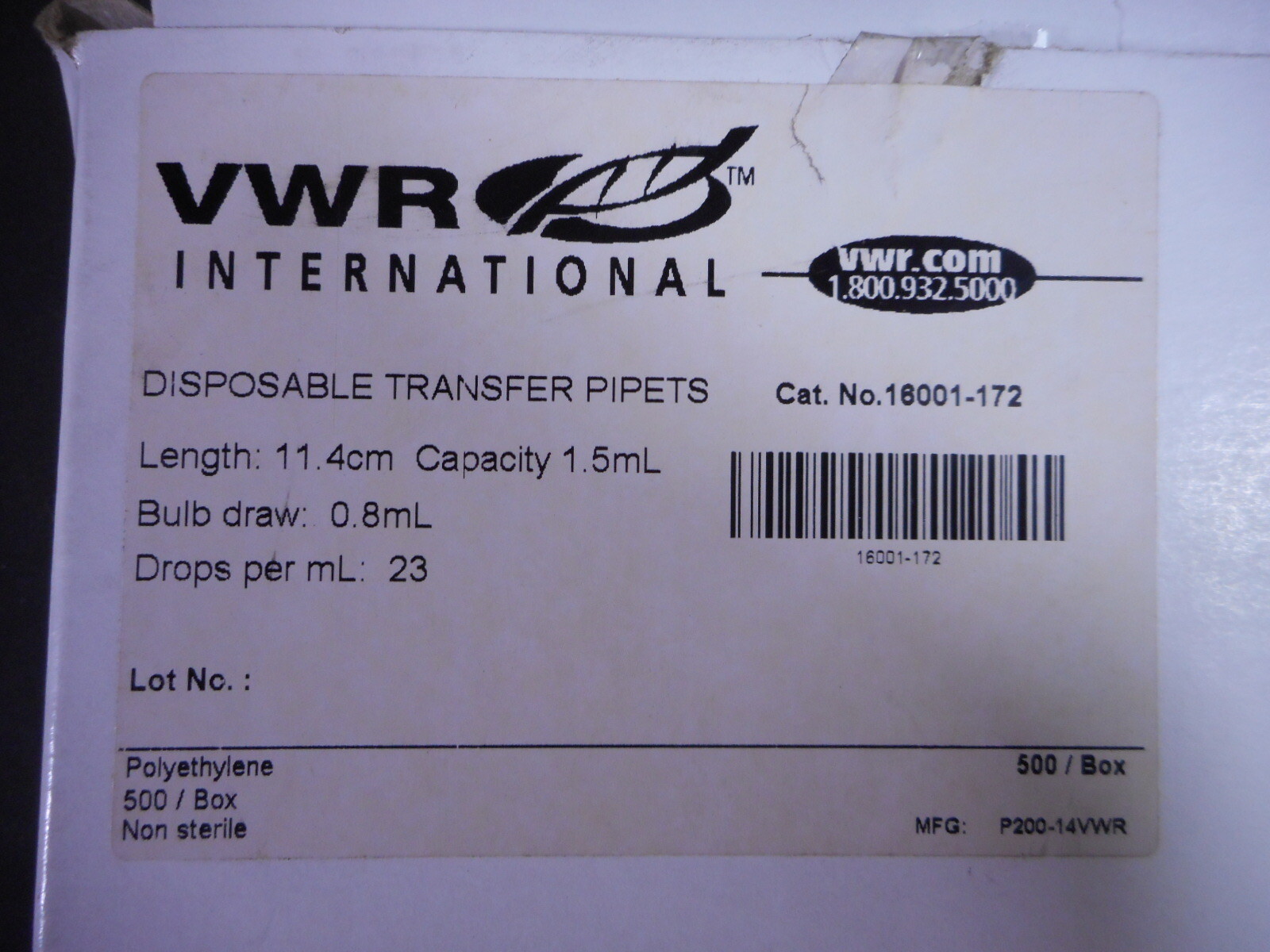 VWR Polyethylene 1.5mL Graduated Disposable Transfer Pipettes 16001-172 (500/pk)
