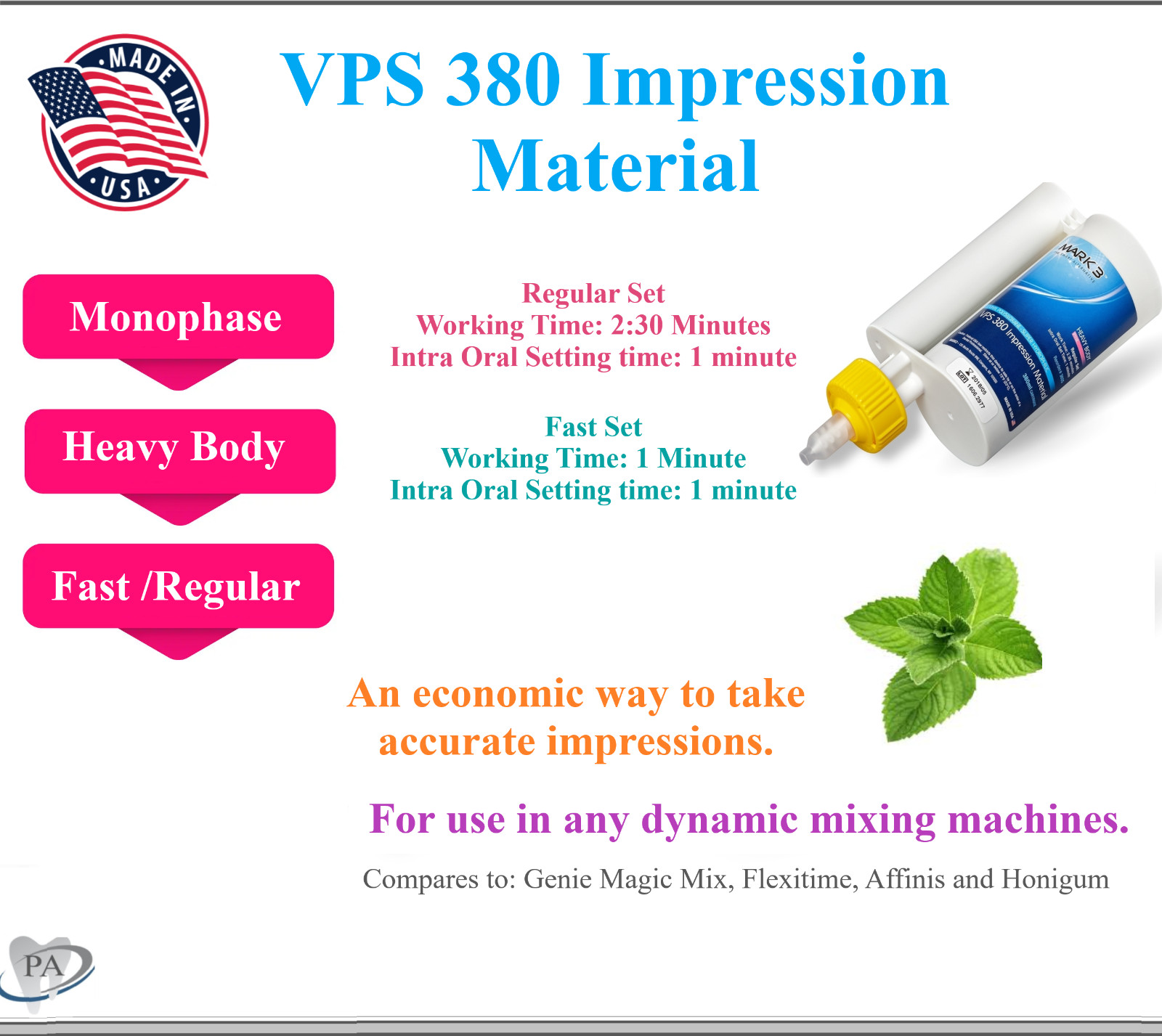 Dental 380ml VPS Impression Material Monophase Heavy Body Regular Set Fast, USA